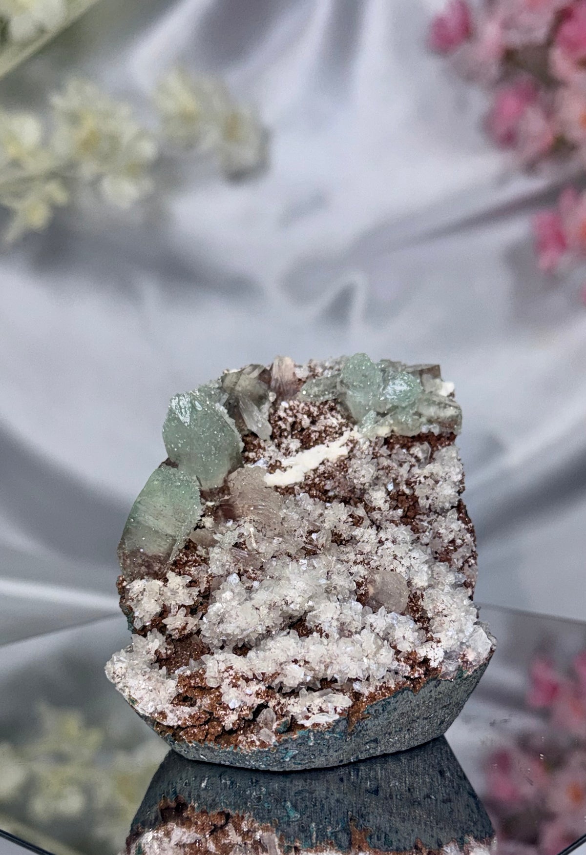 Sugar Coated Green Apophyllite with Stilbite, Chalcedony and Calcite