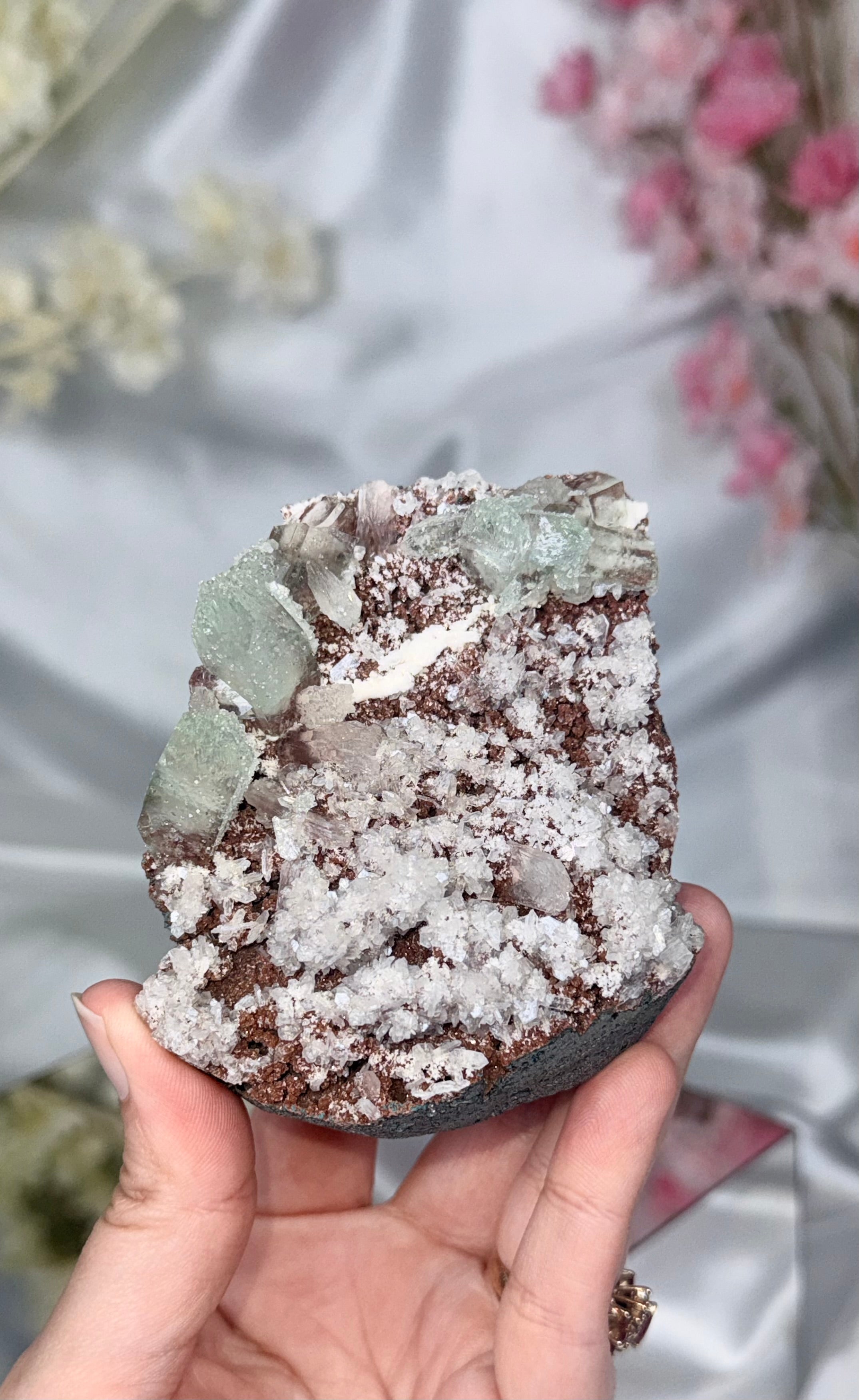 Sugar Coated Green Apophyllite with Stilbite, Chalcedony and Calcite