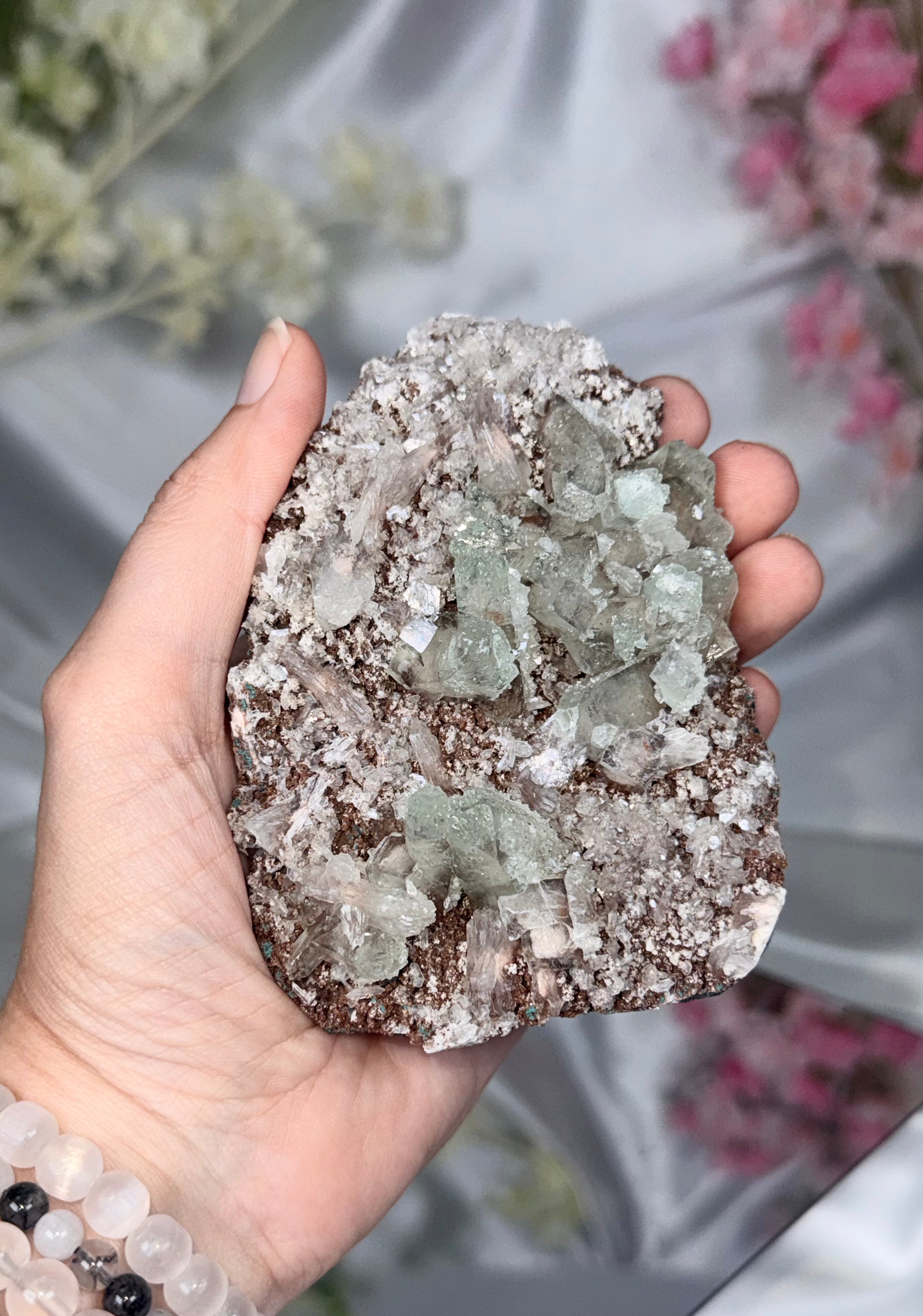 Sugar Coated Green Apophyllite with Stilbite, Chalcedony and Calcite