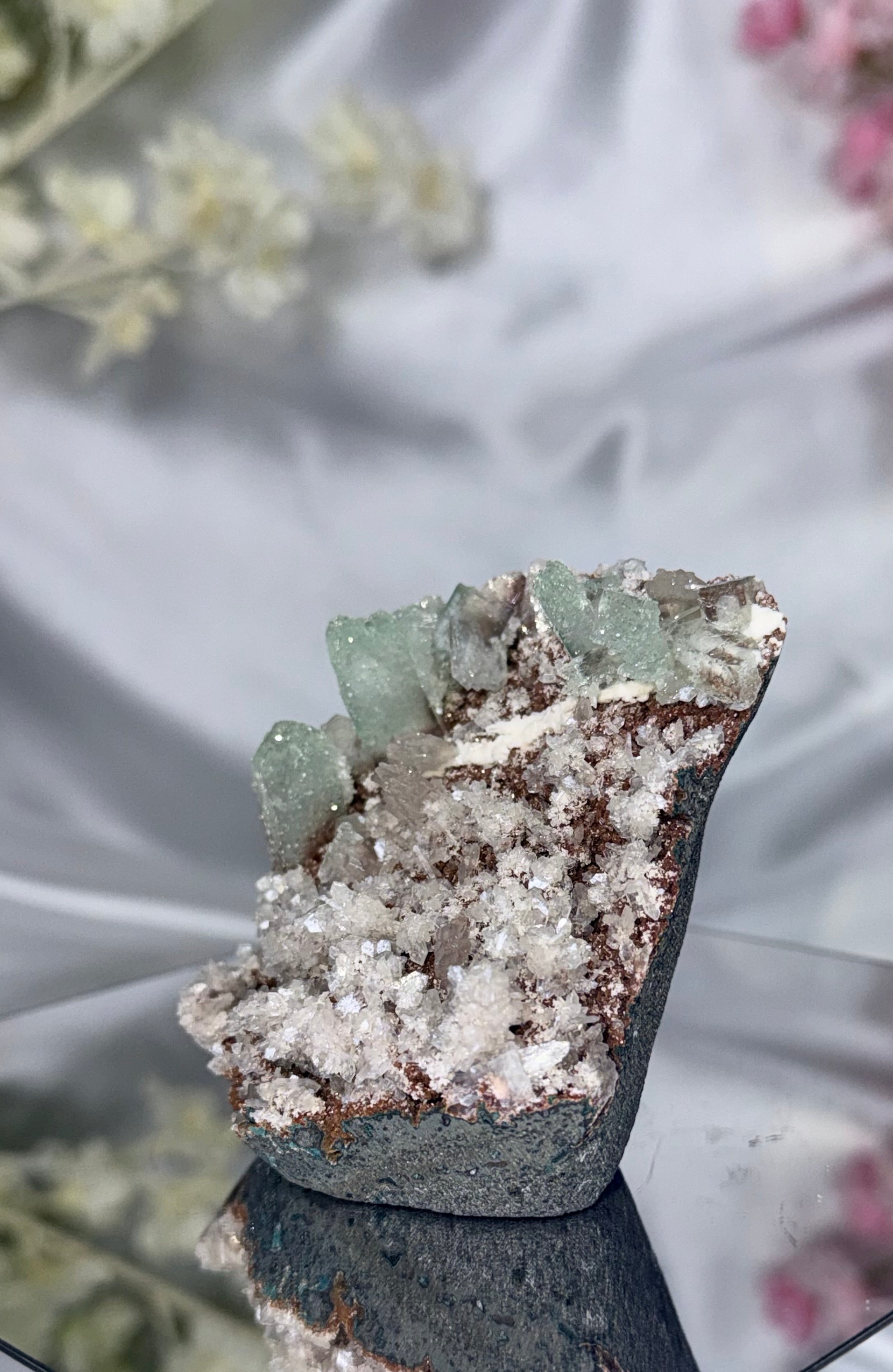 Sugar Coated Green Apophyllite with Stilbite, Chalcedony and Calcite