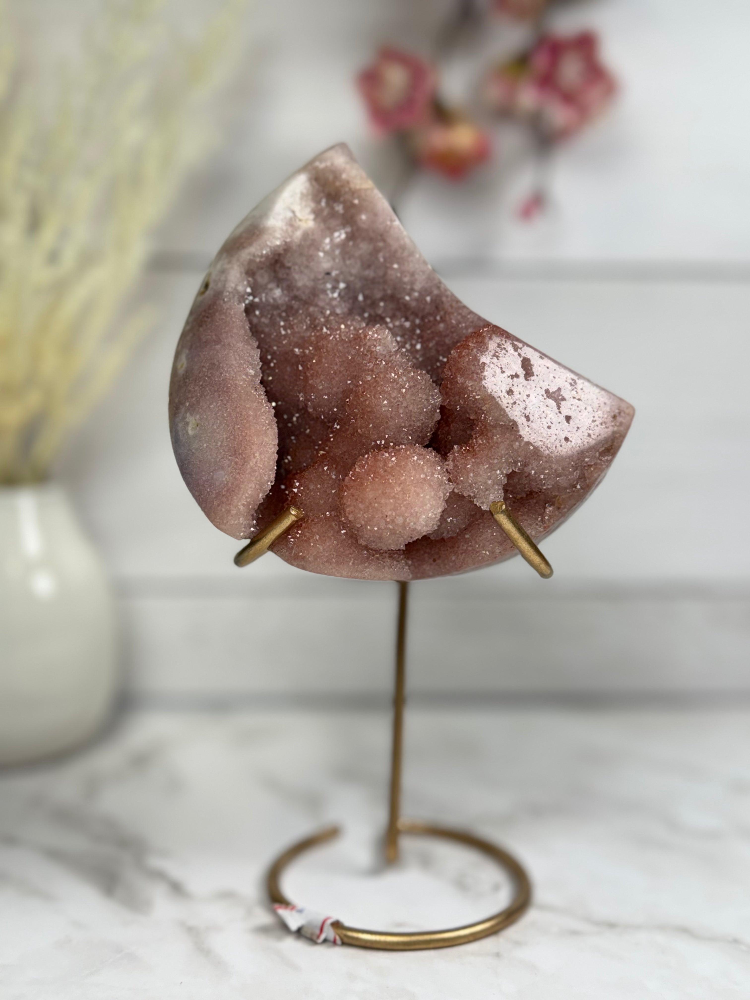 Pink Amethyst Moon on Gold Stand A10269