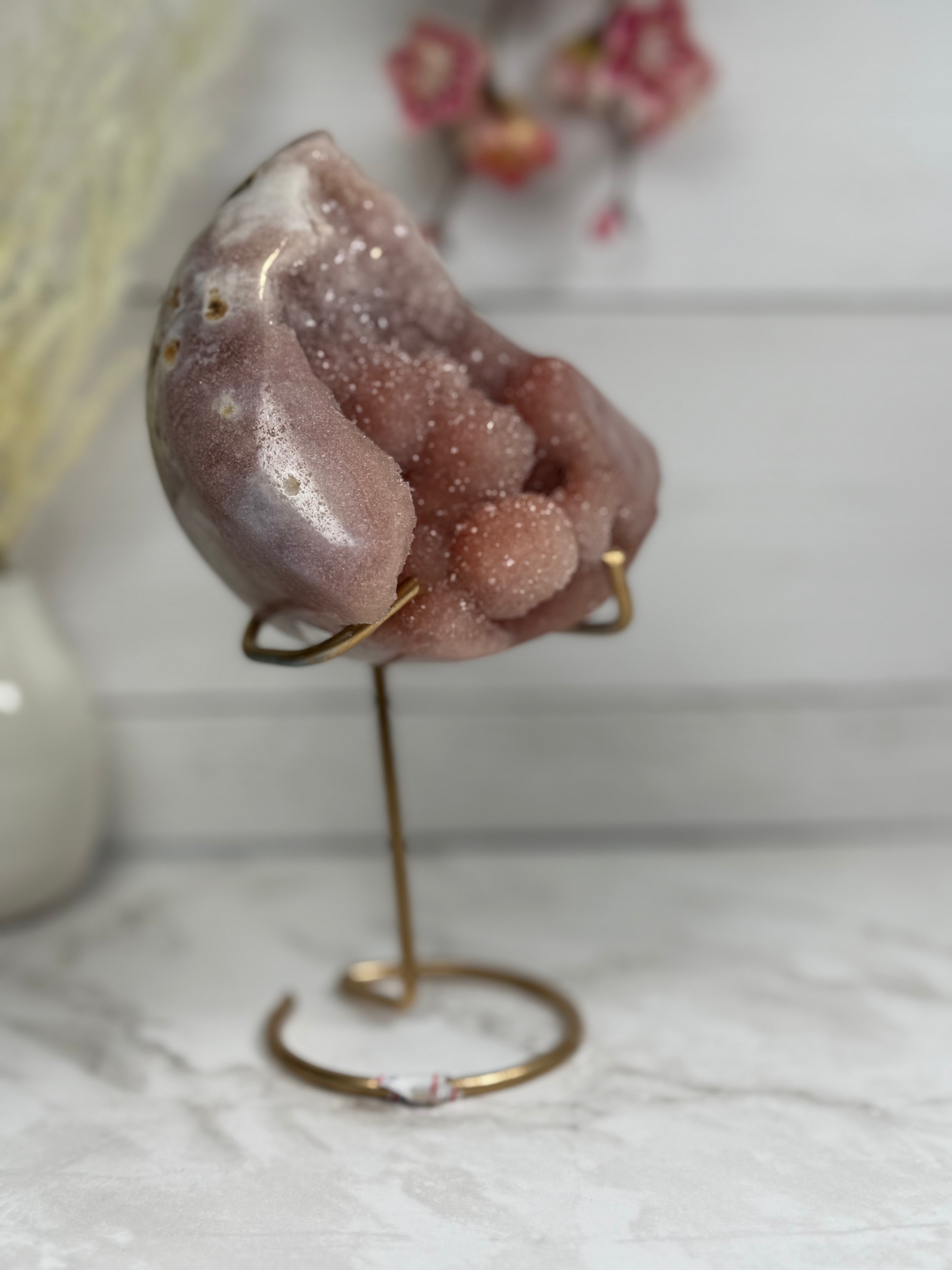 Pink Amethyst Moon on Gold Stand A10269