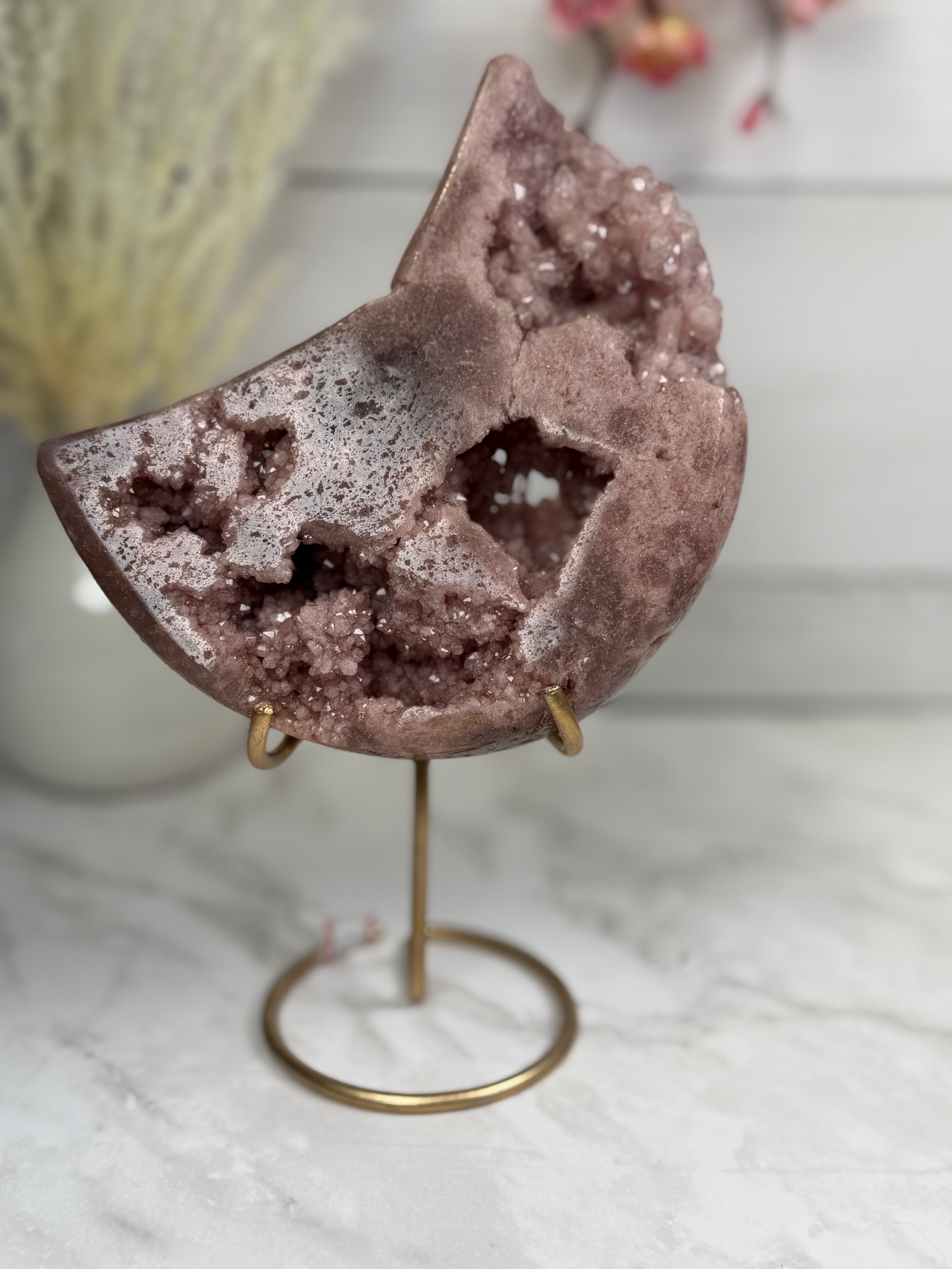 Pink Amethyst Moon on Gold Stand A10266