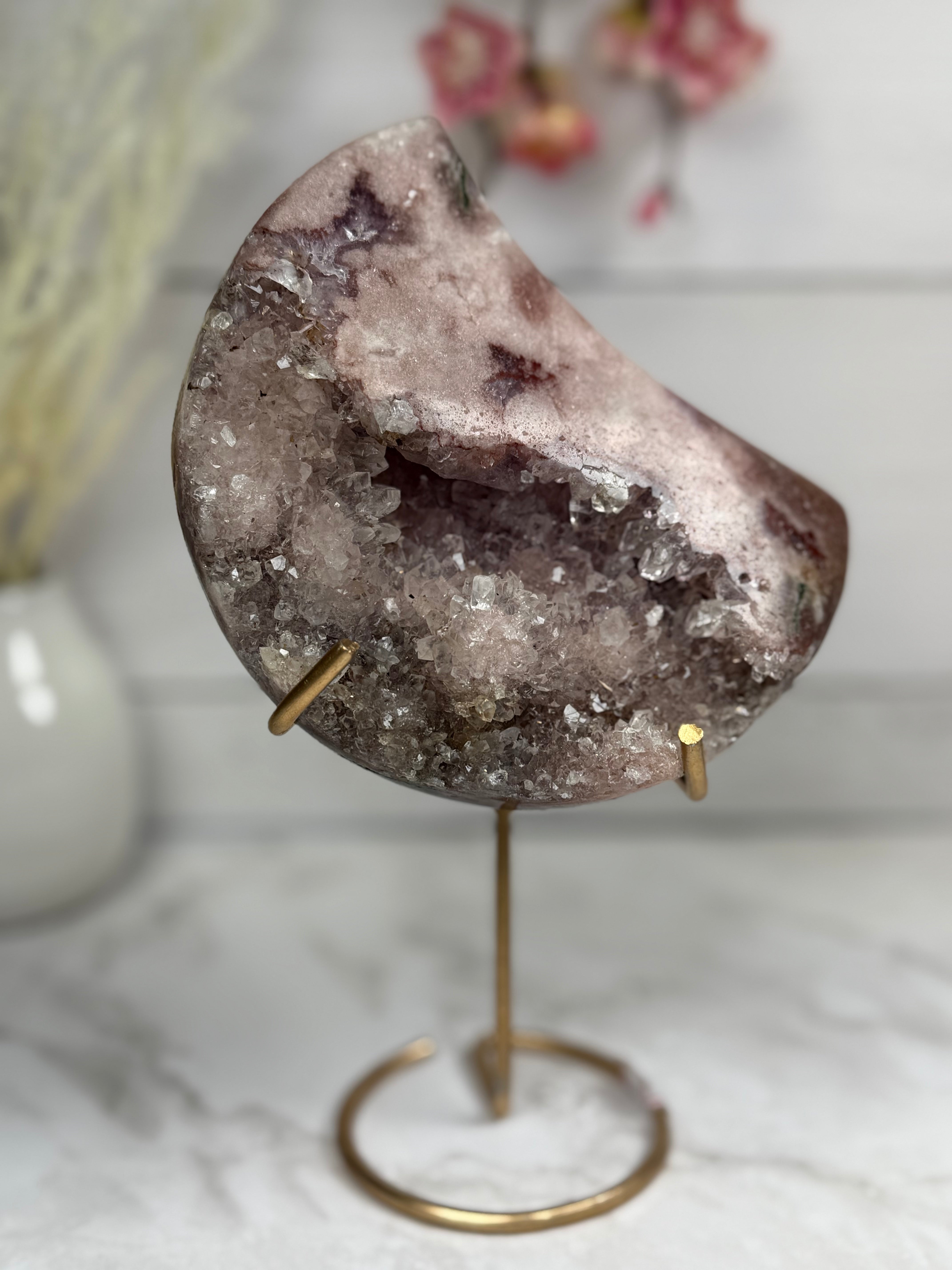 Pink Amethyst Moon on Gold Stand A10257