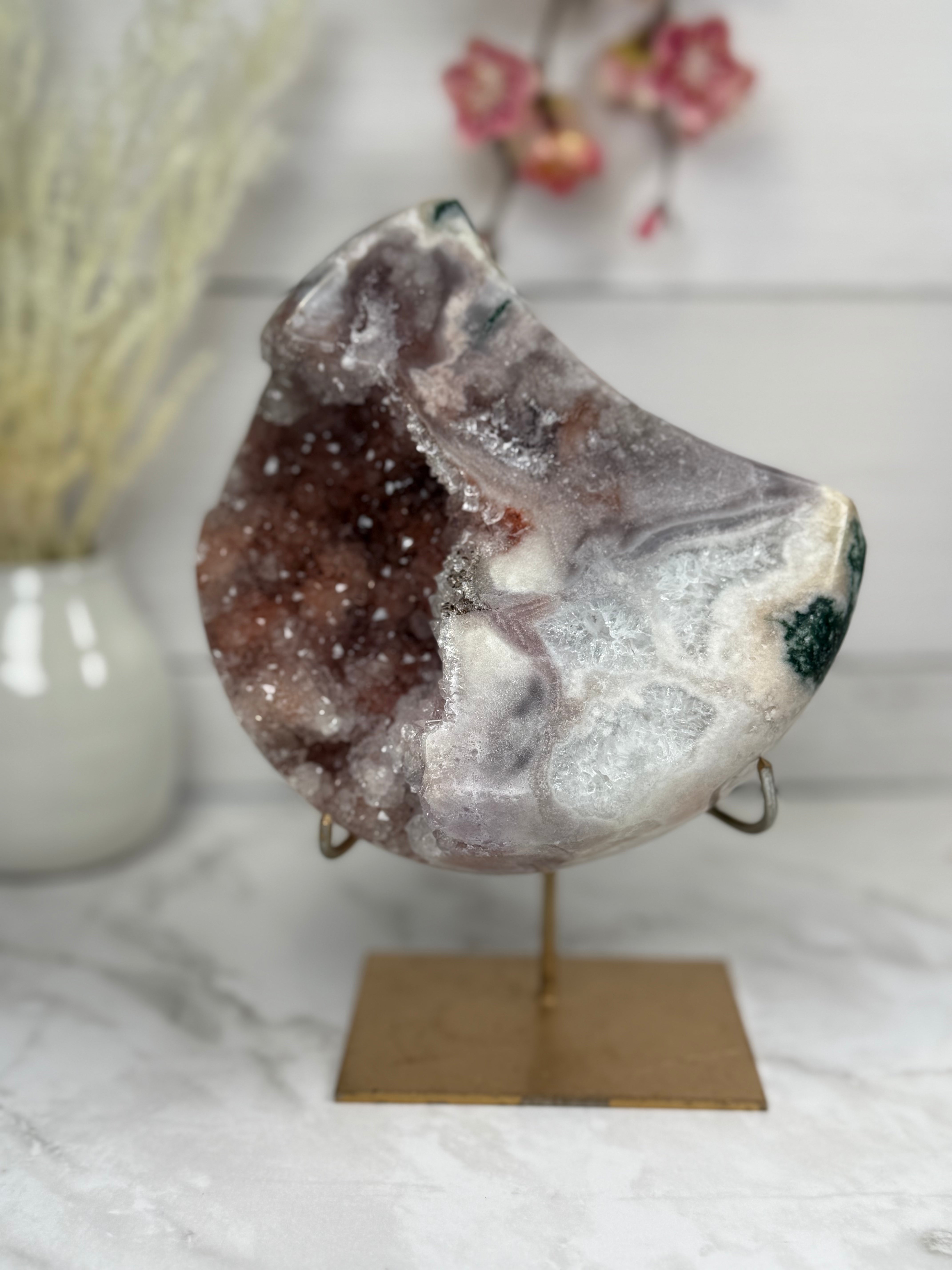 Pink Amethyst Moon on Gold Stand A10265