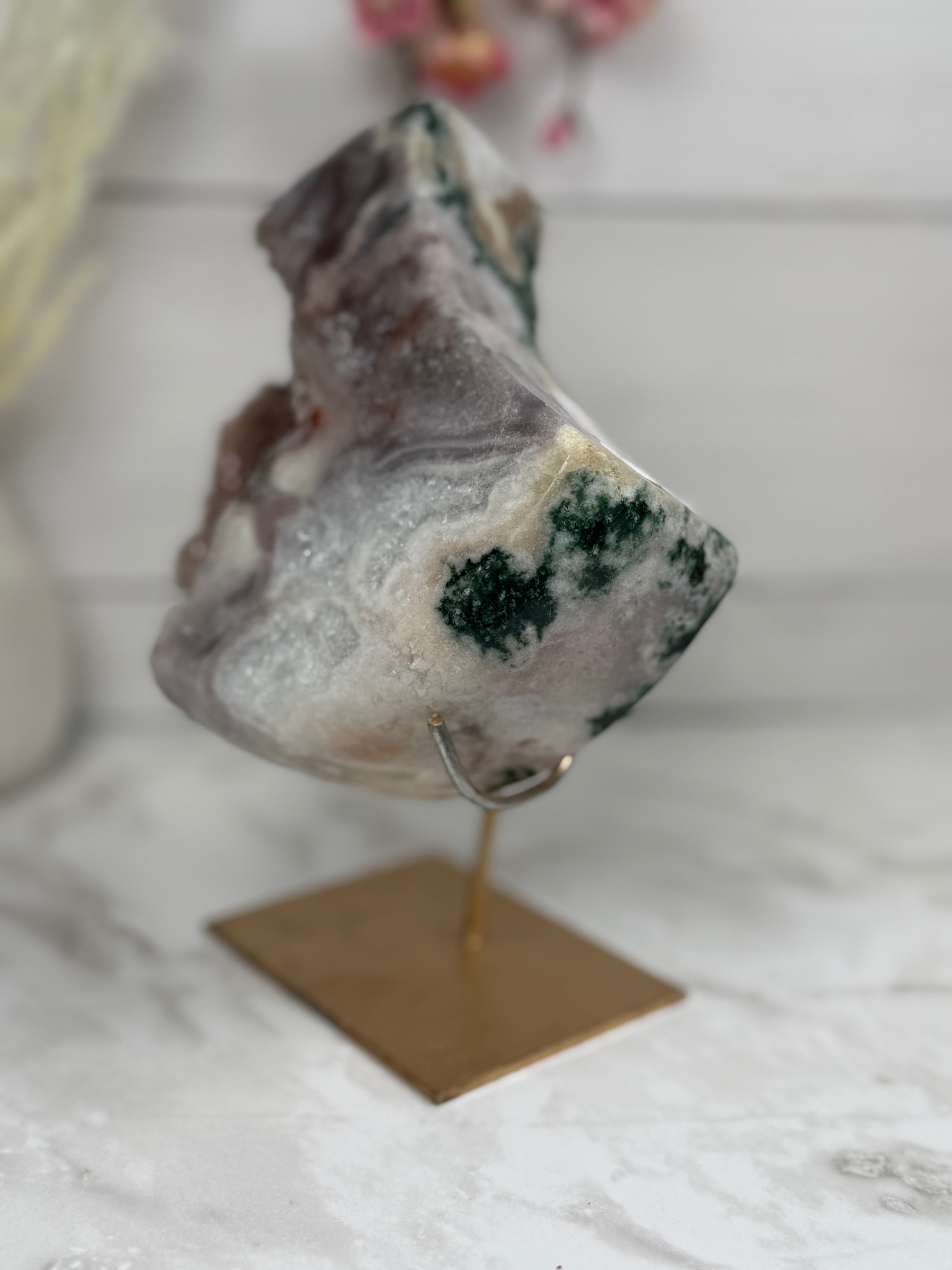 Pink Amethyst Moon on Gold Stand A10265