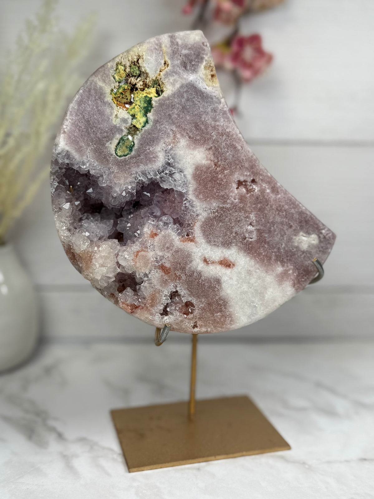 Pink Amethyst Moon on Gold Stand A10065