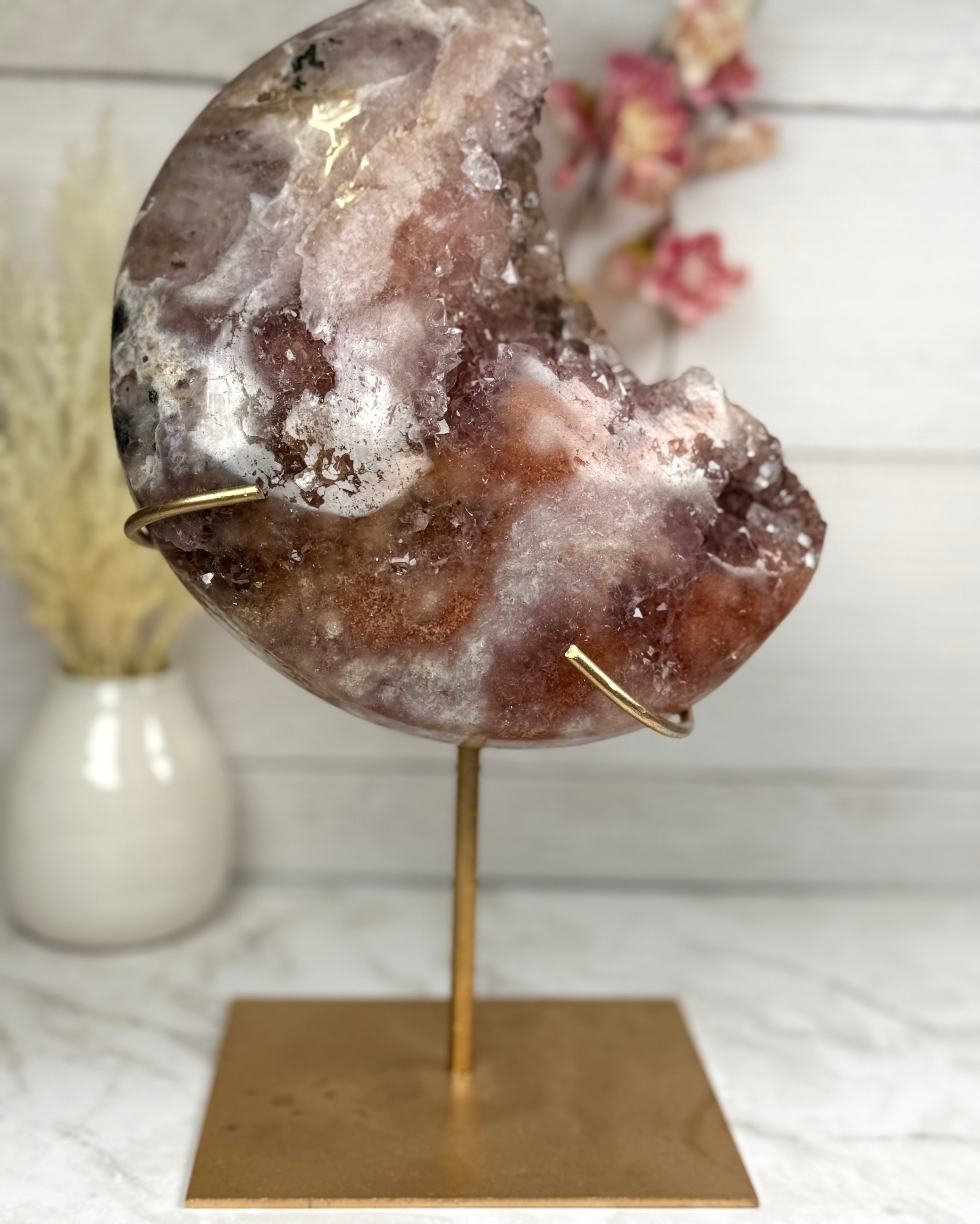 Pink Amethyst Moon on Gold Stand A1002