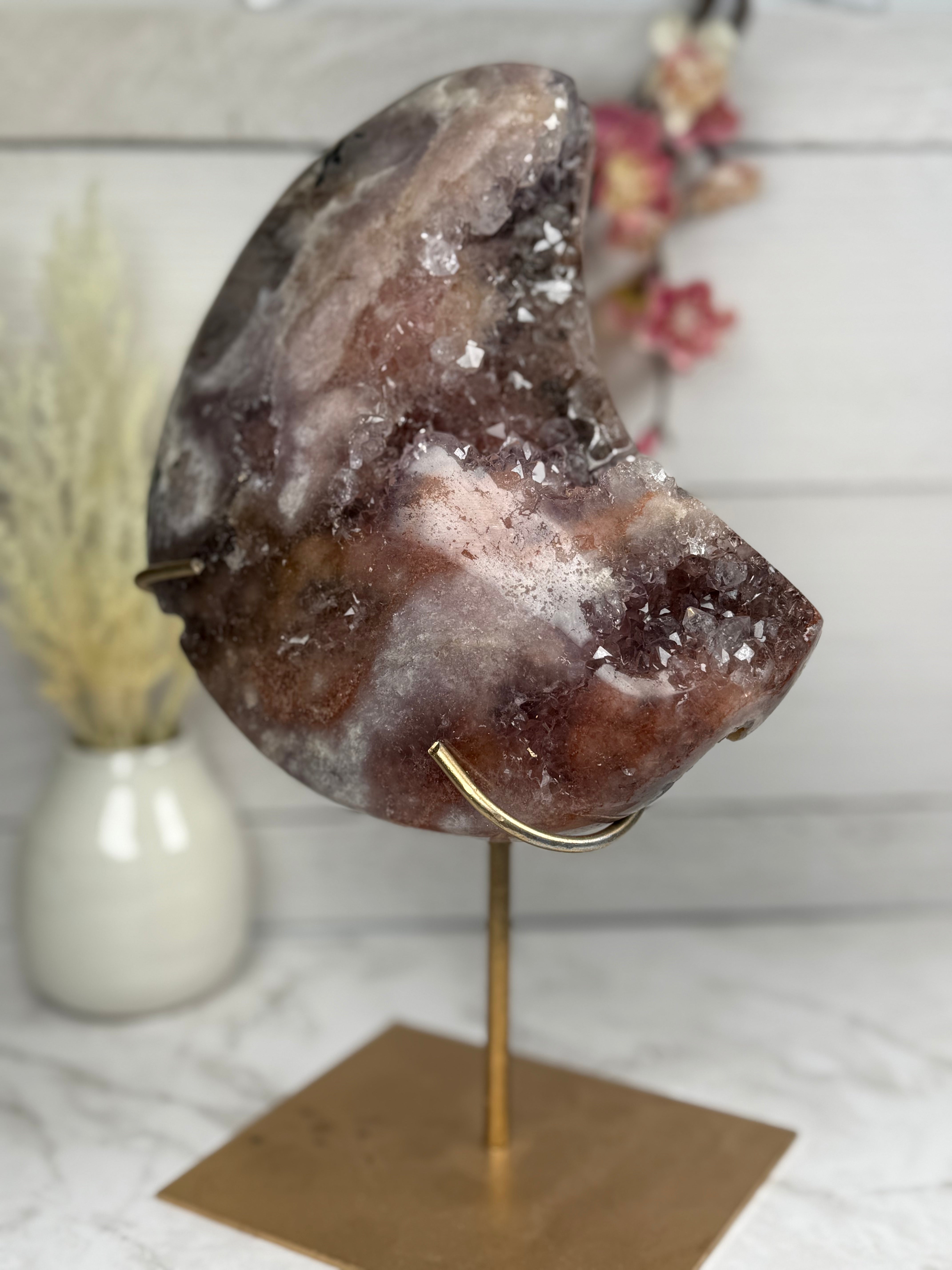Pink Amethyst Moon on Gold Stand A1002