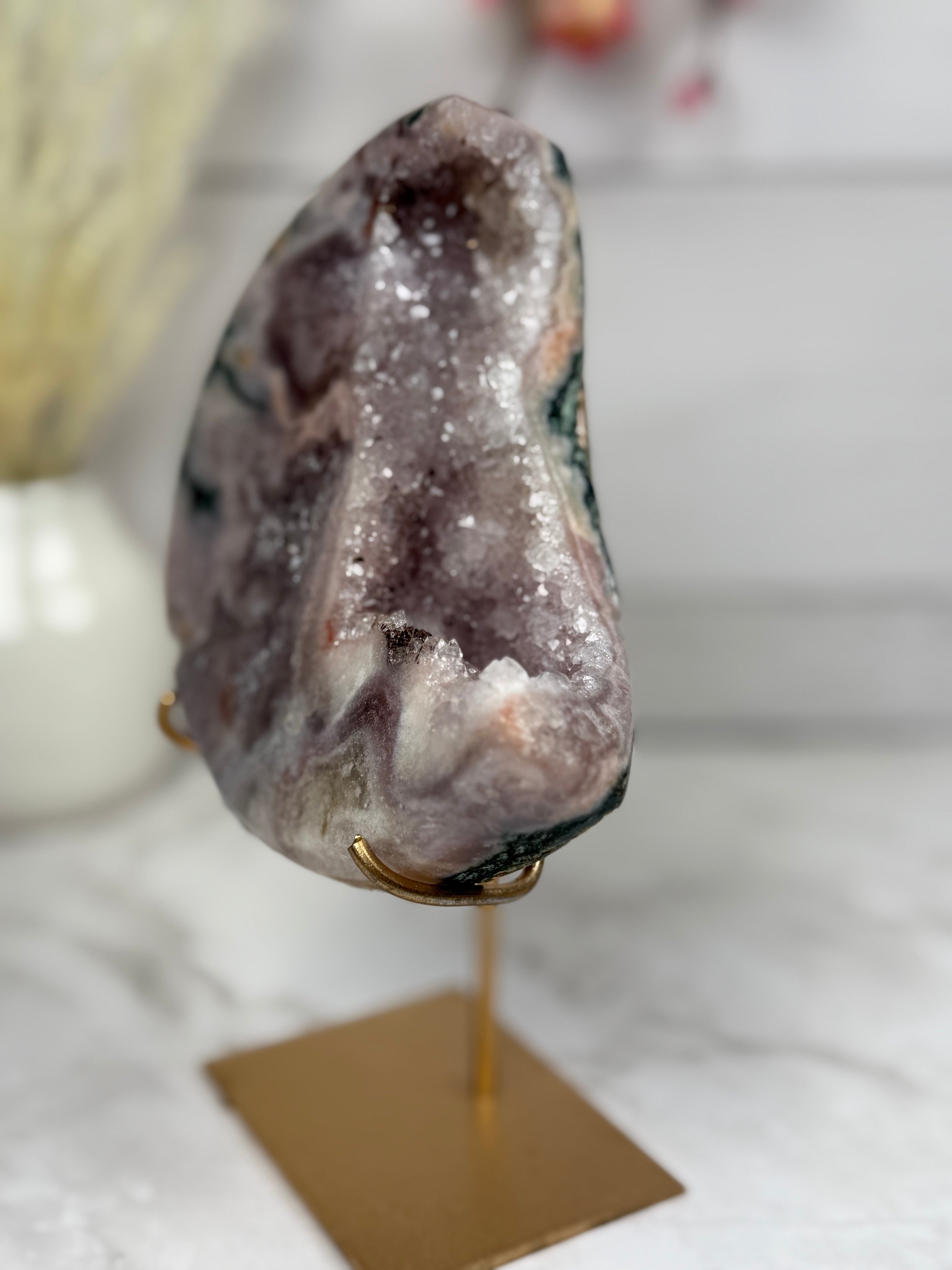 Pink Amethyst Moon on Gold Stand A1003