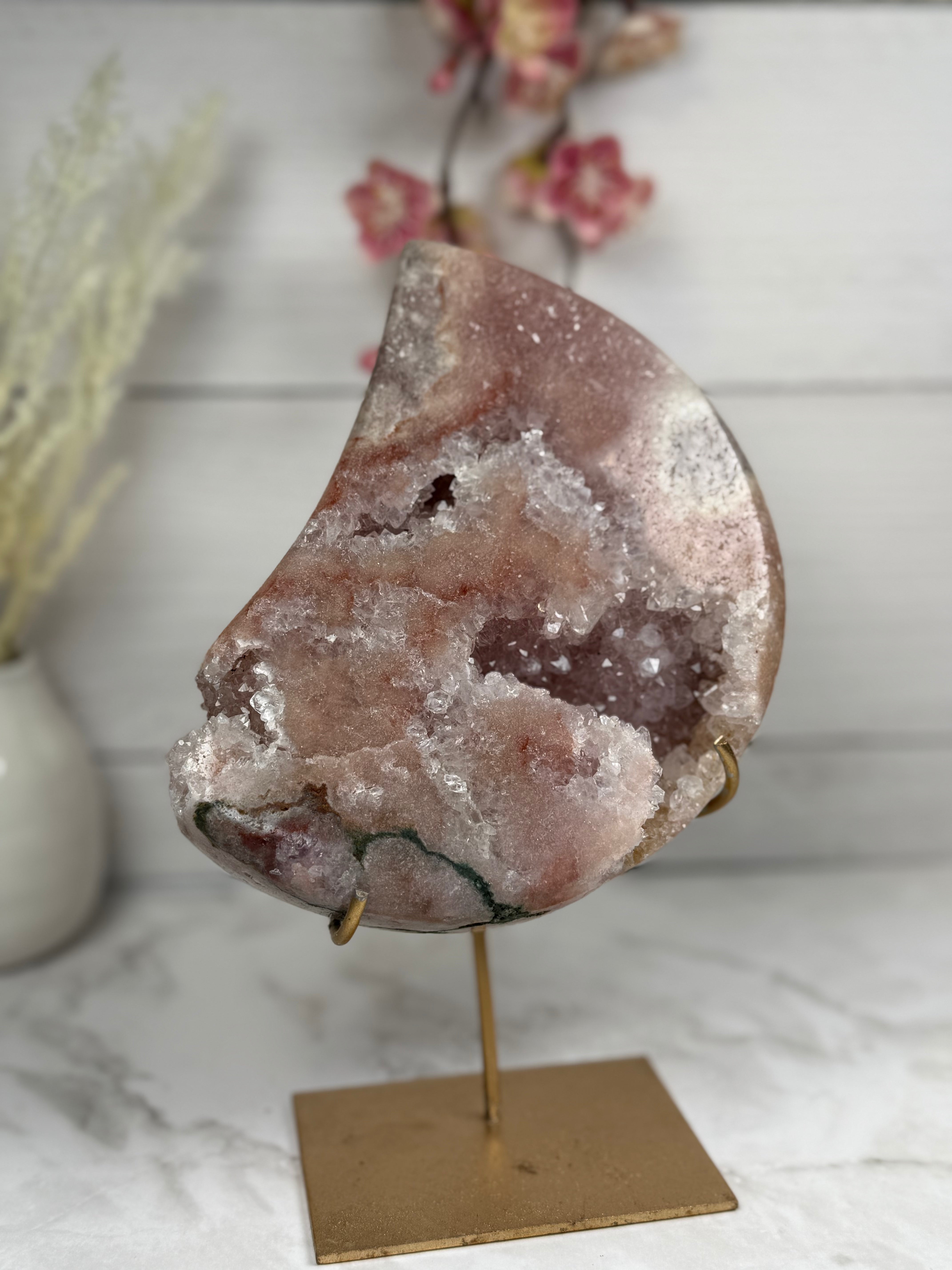 Pink Amethyst Moon on Gold Stand A10064