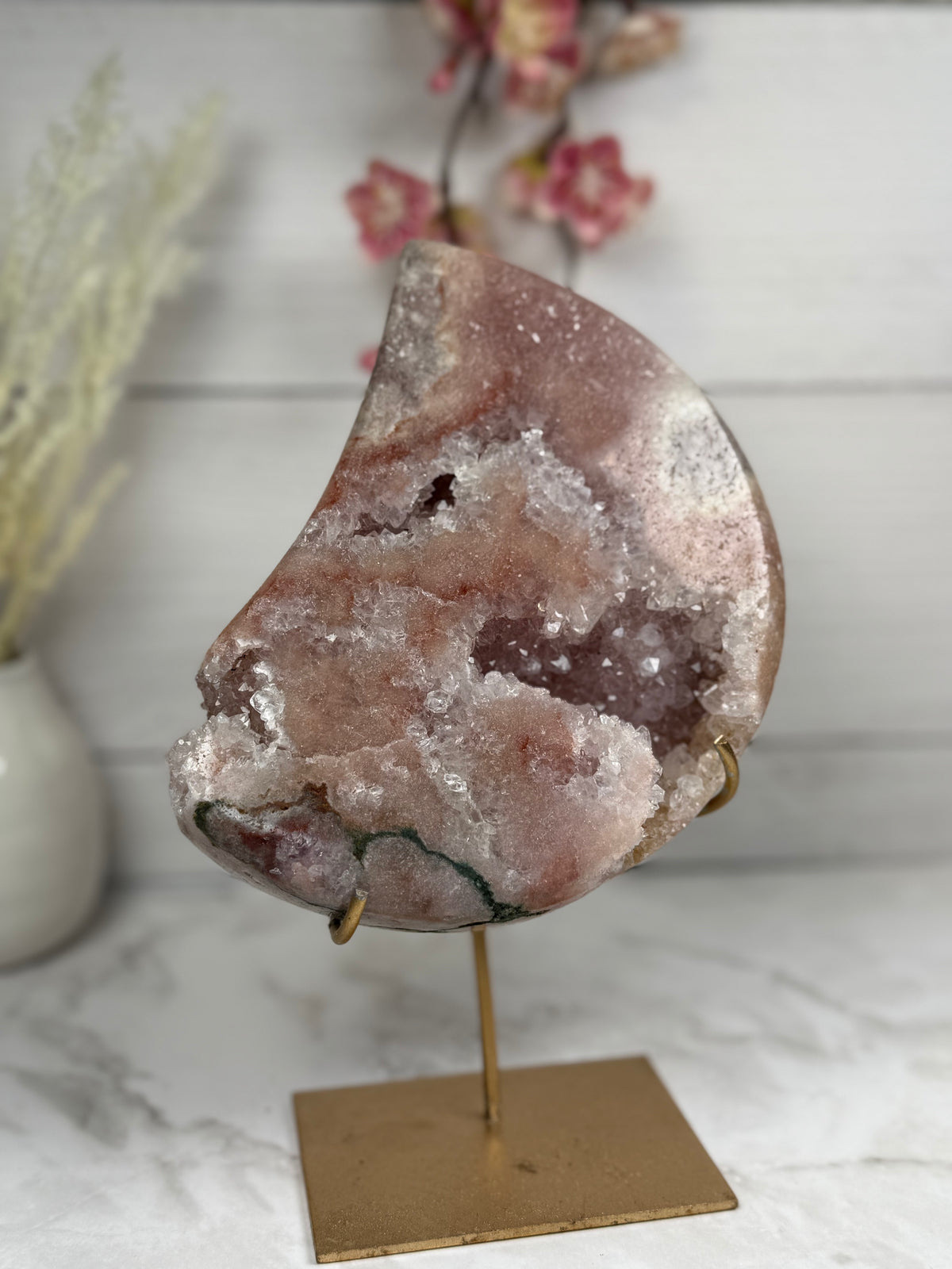 Pink Amethyst Moon on Gold Stand A10064