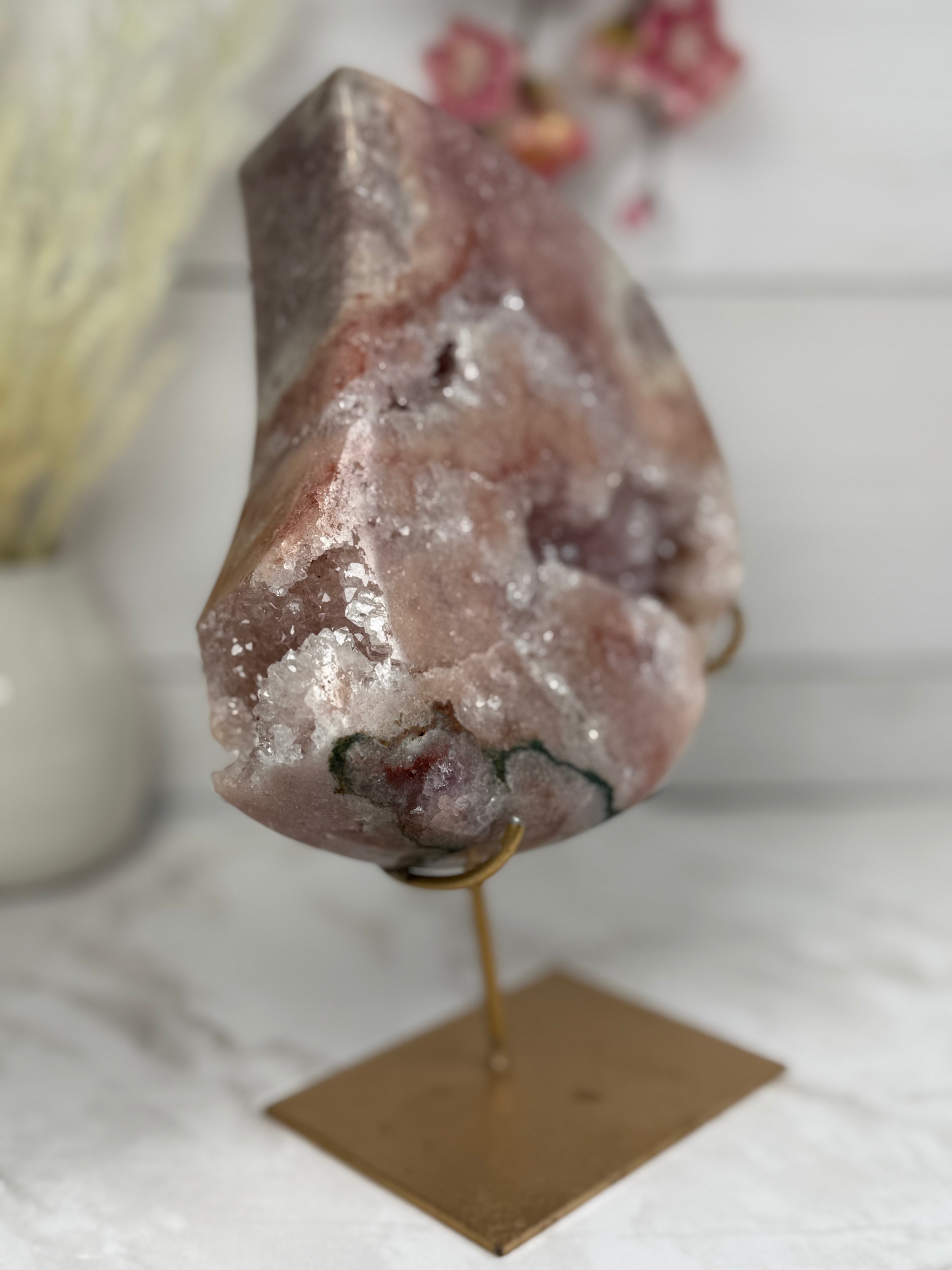 Pink Amethyst Moon on Gold Stand A10064