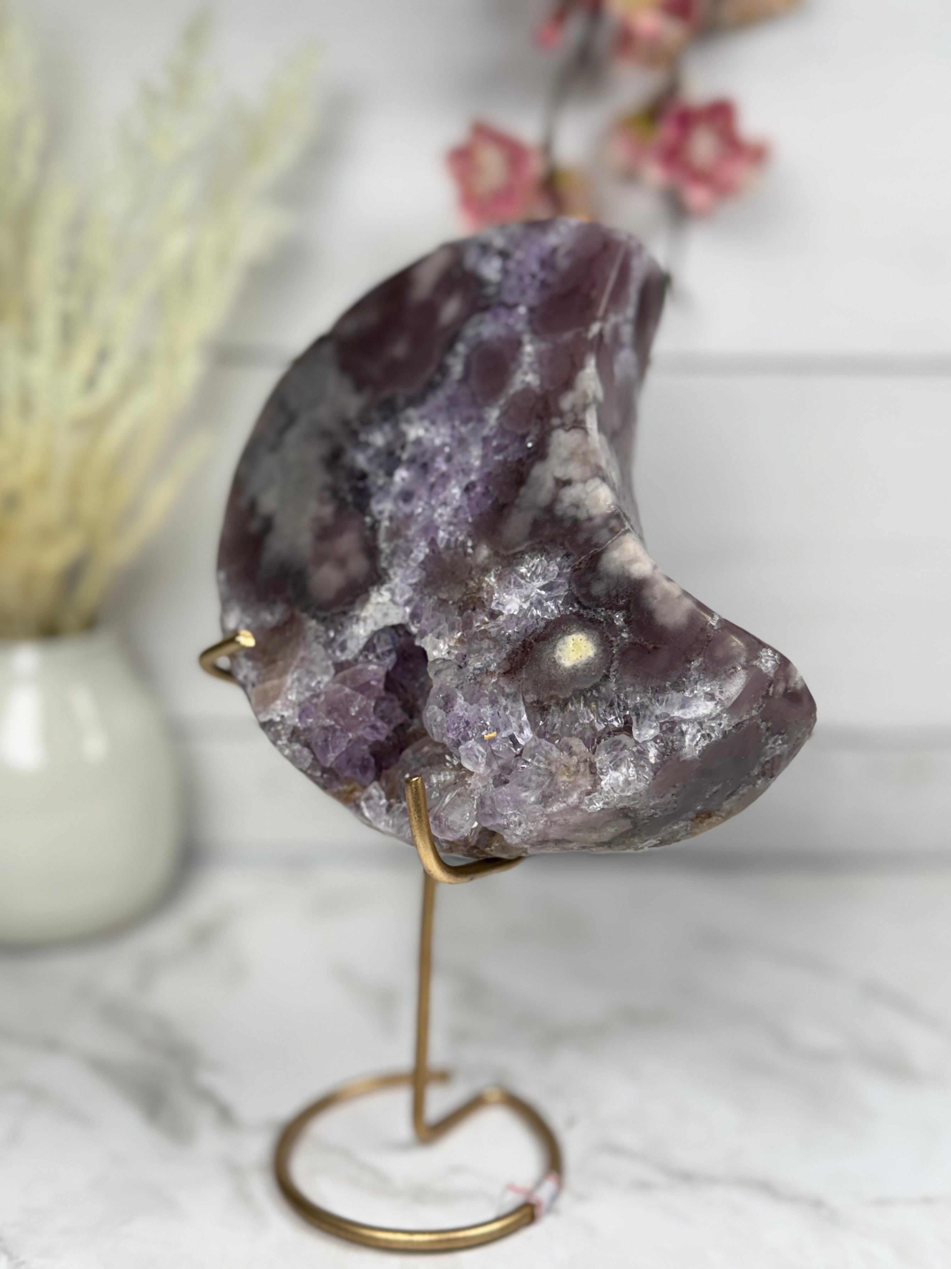 Pink Amethyst Moon on Gold Stand A1004