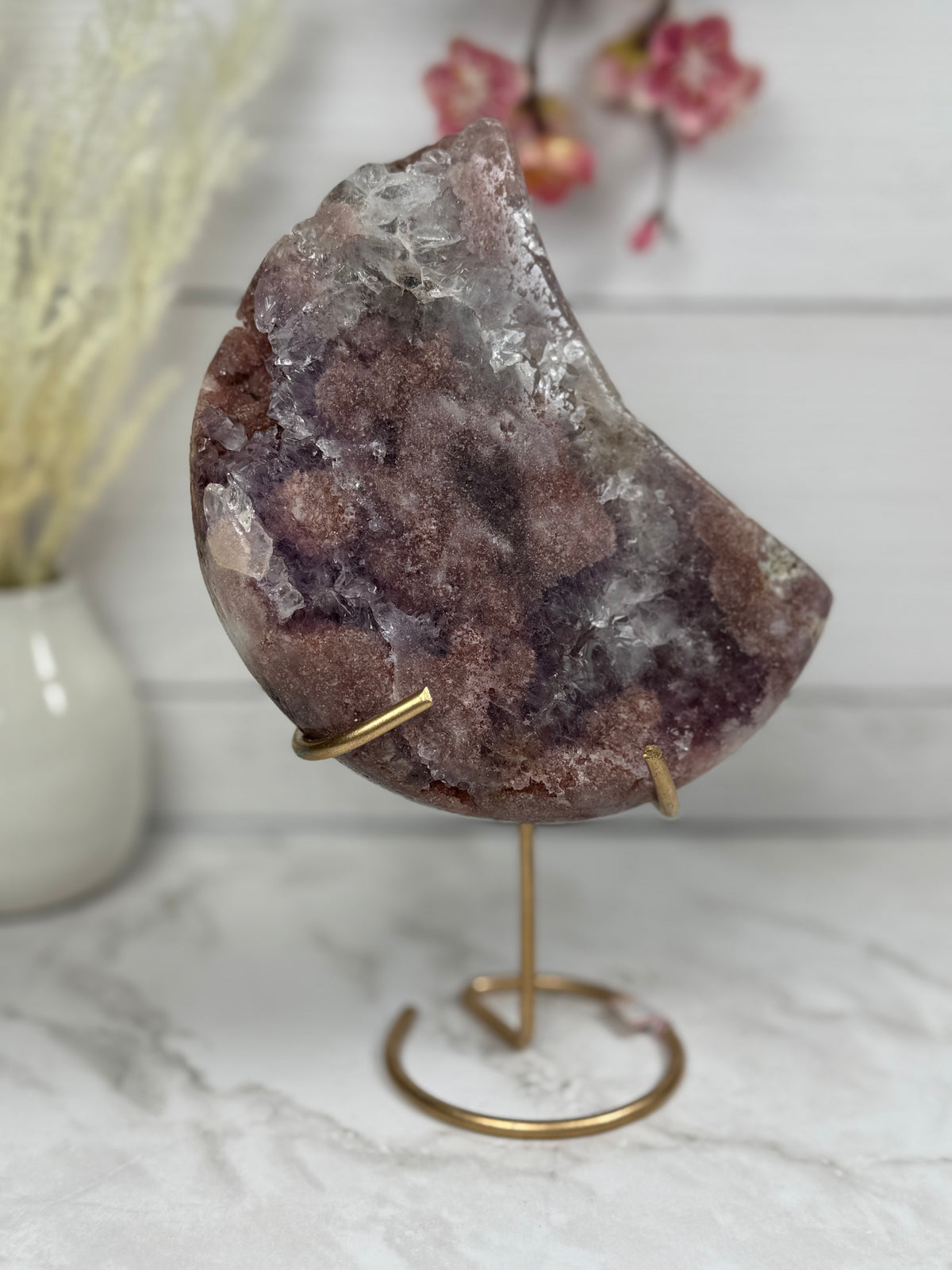 Pink Amethyst Moon on Gold Stand A10301