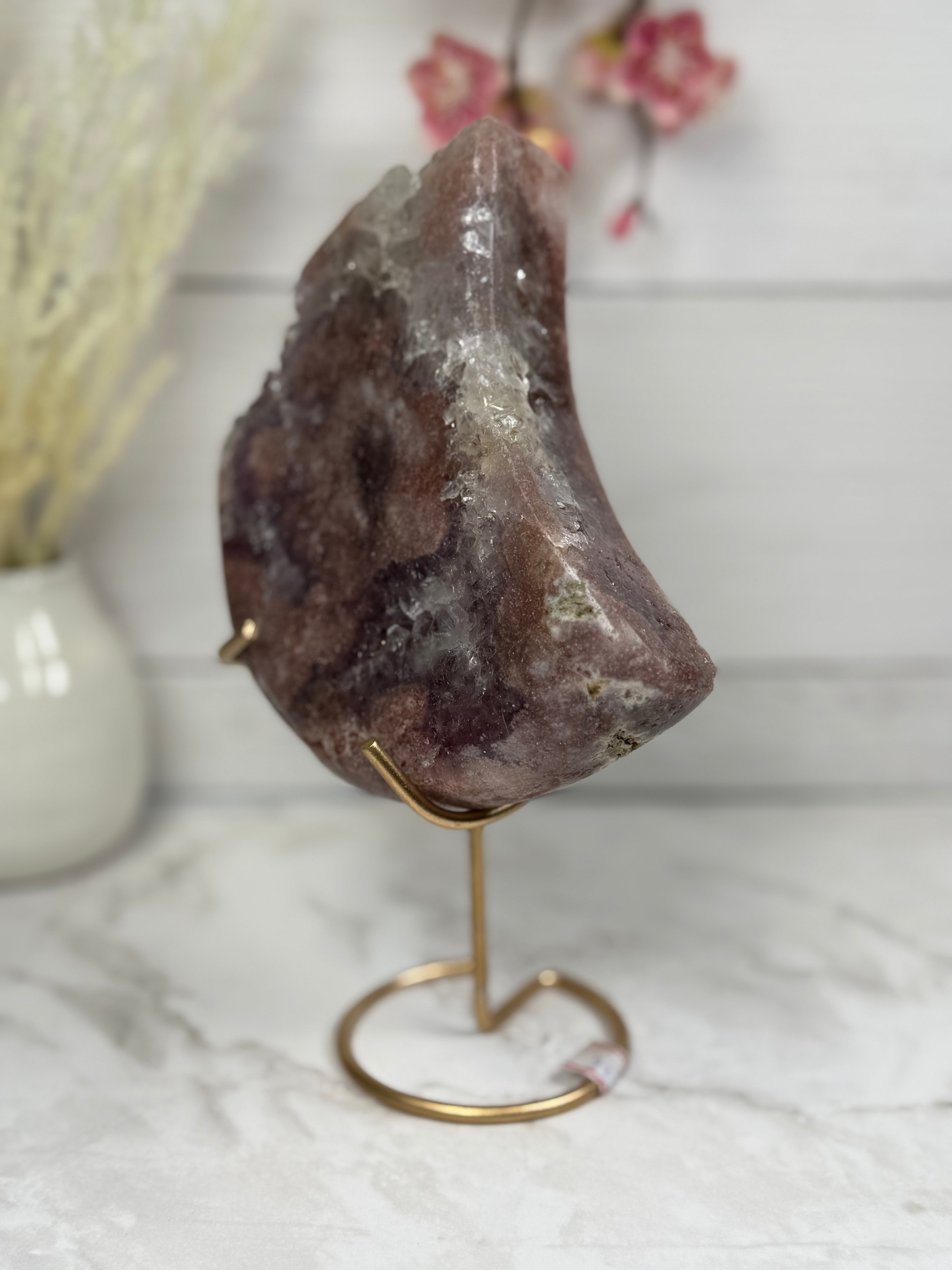 Pink Amethyst Moon on Gold Stand A10301