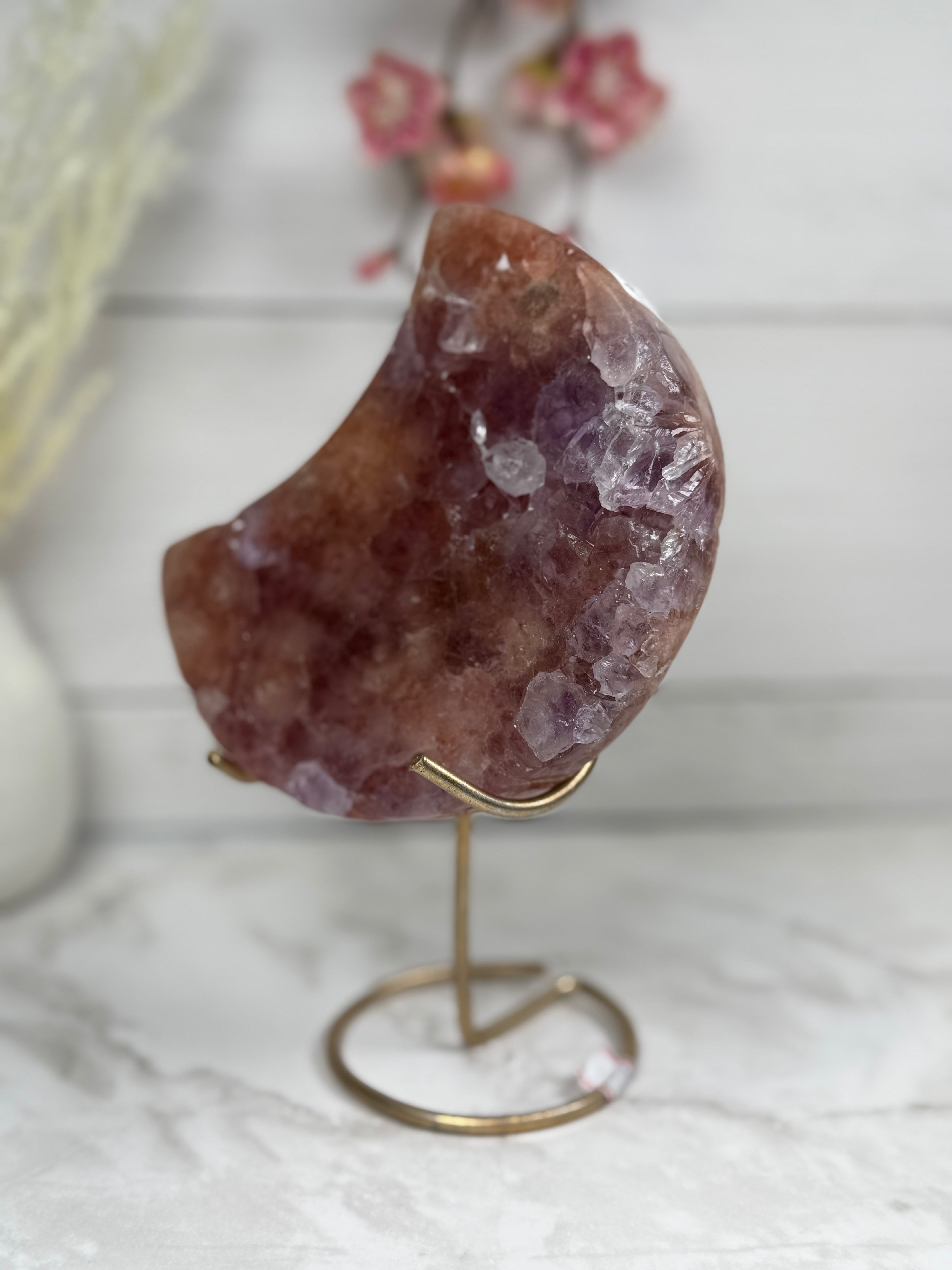 Pink Amethyst Moon on Gold Stand A10249