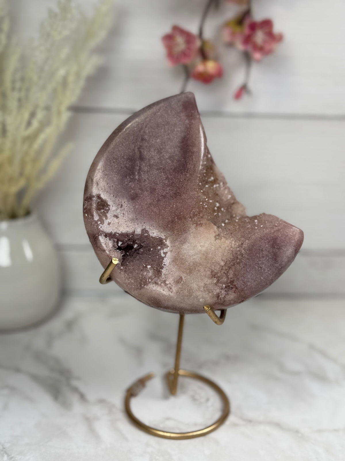 Pink Amethyst Moon on Gold Stand A1005
