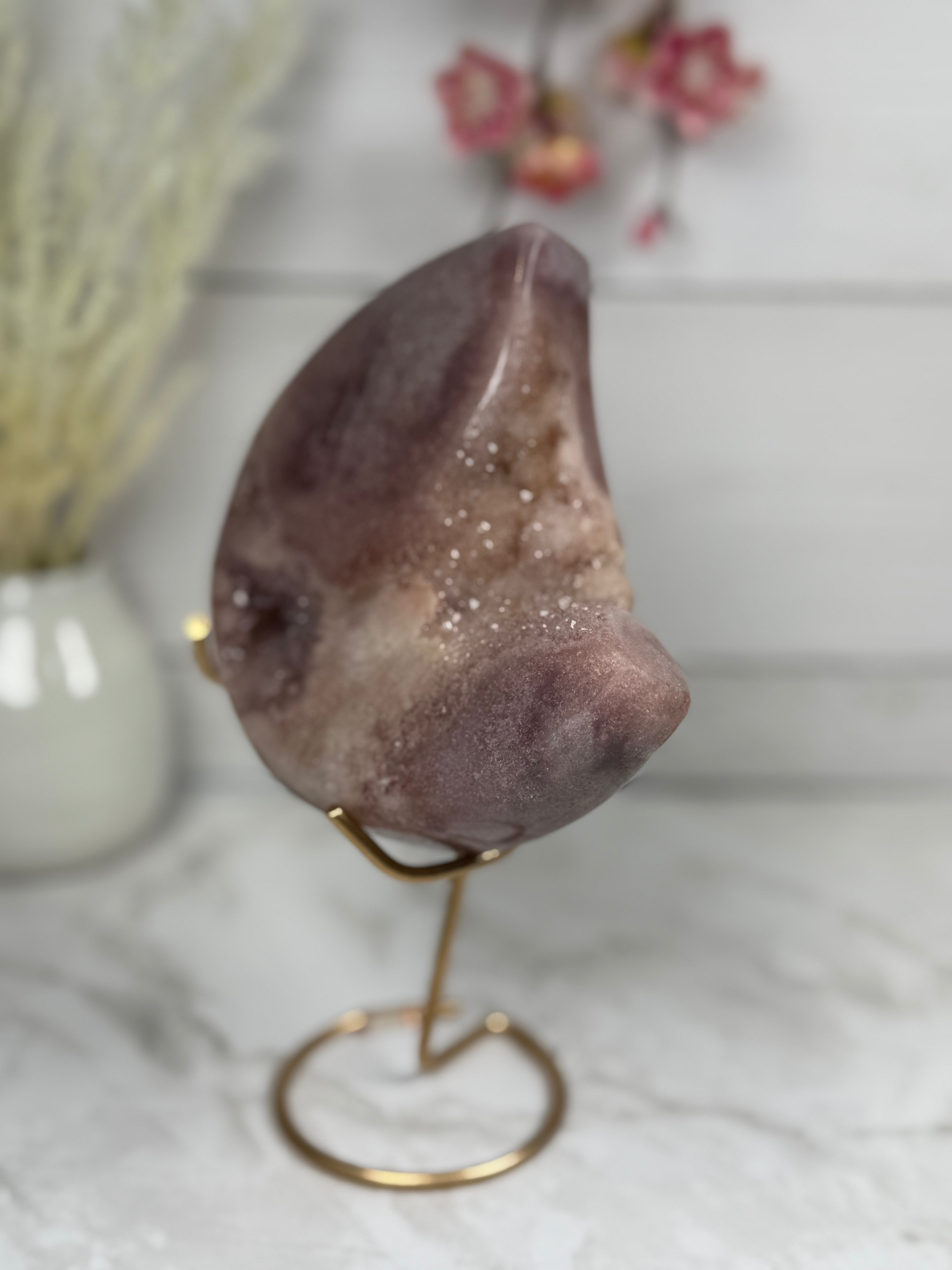 Pink Amethyst Moon on Gold Stand A1005