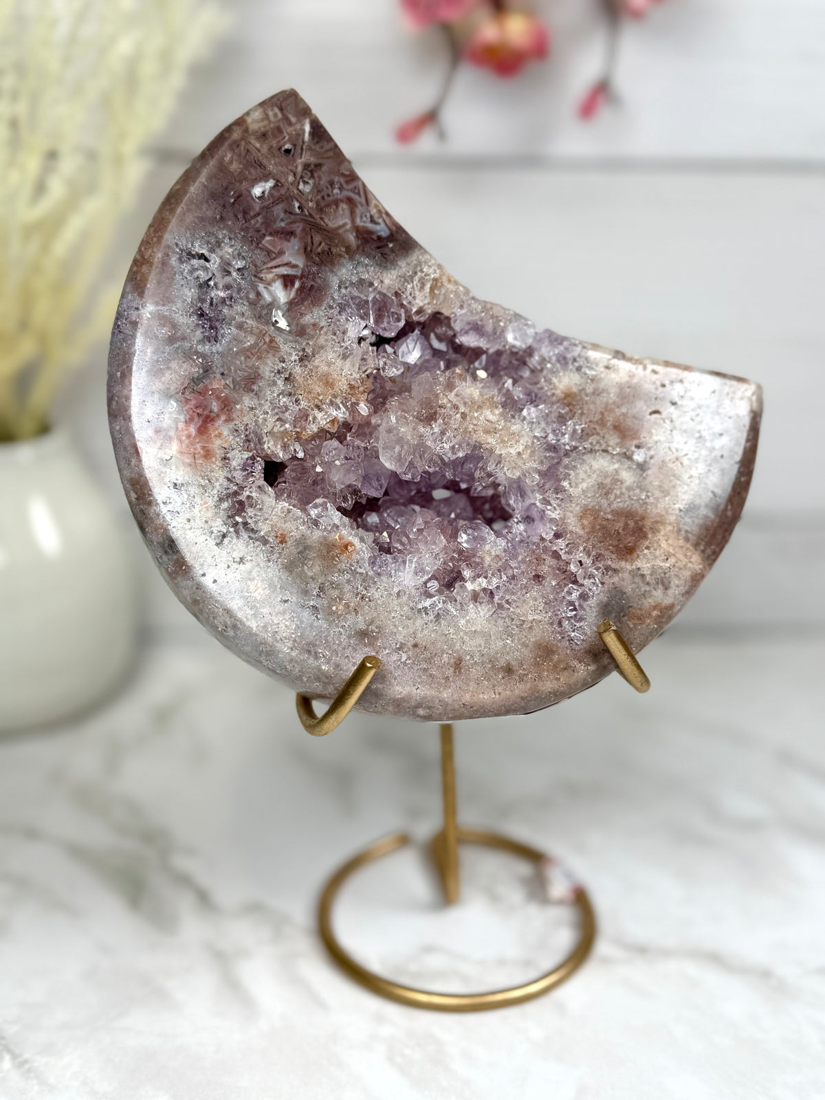 Pink Amethyst Moon on Gold Stand A10247