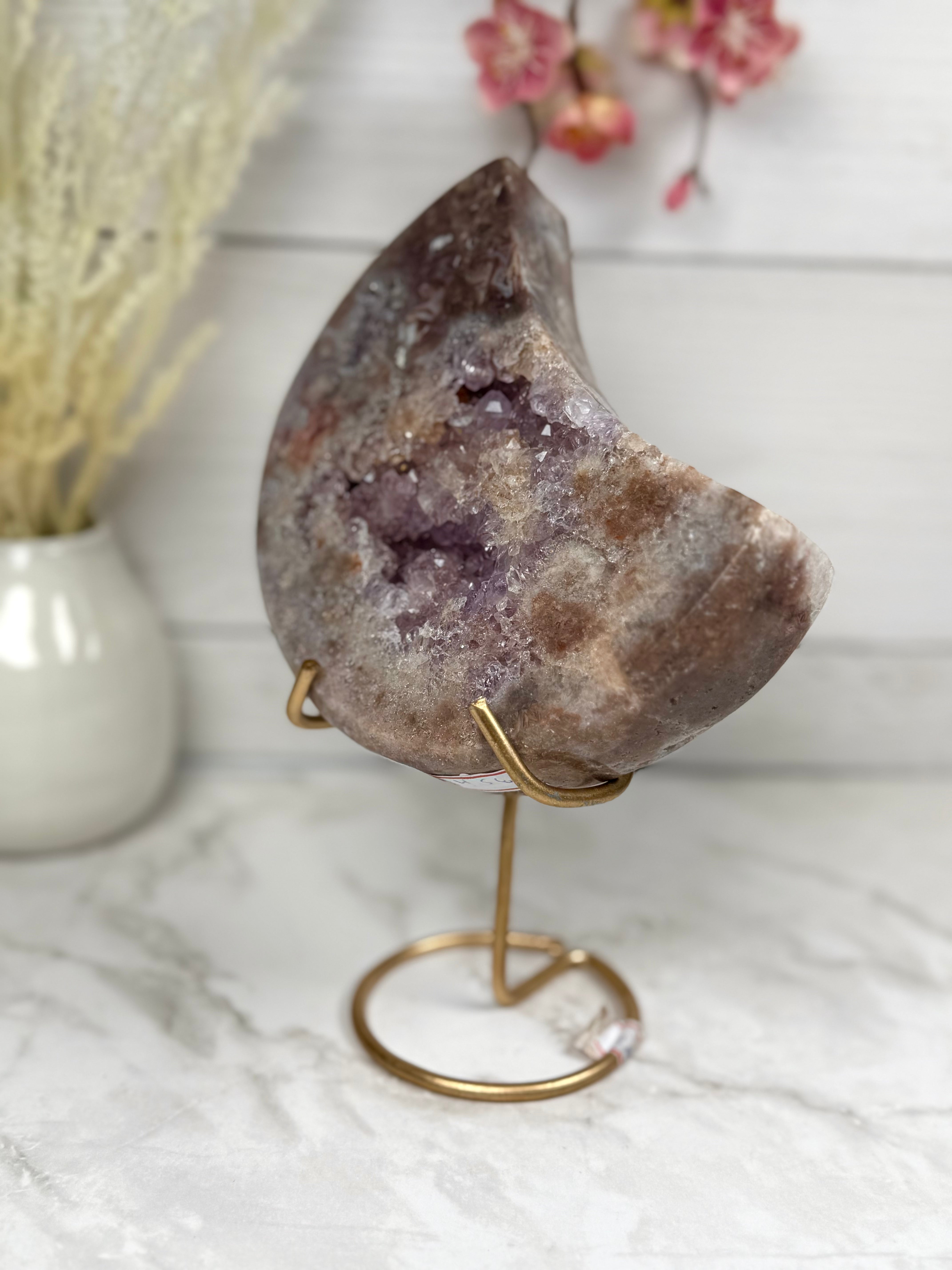 Pink Amethyst Moon on Gold Stand A10247