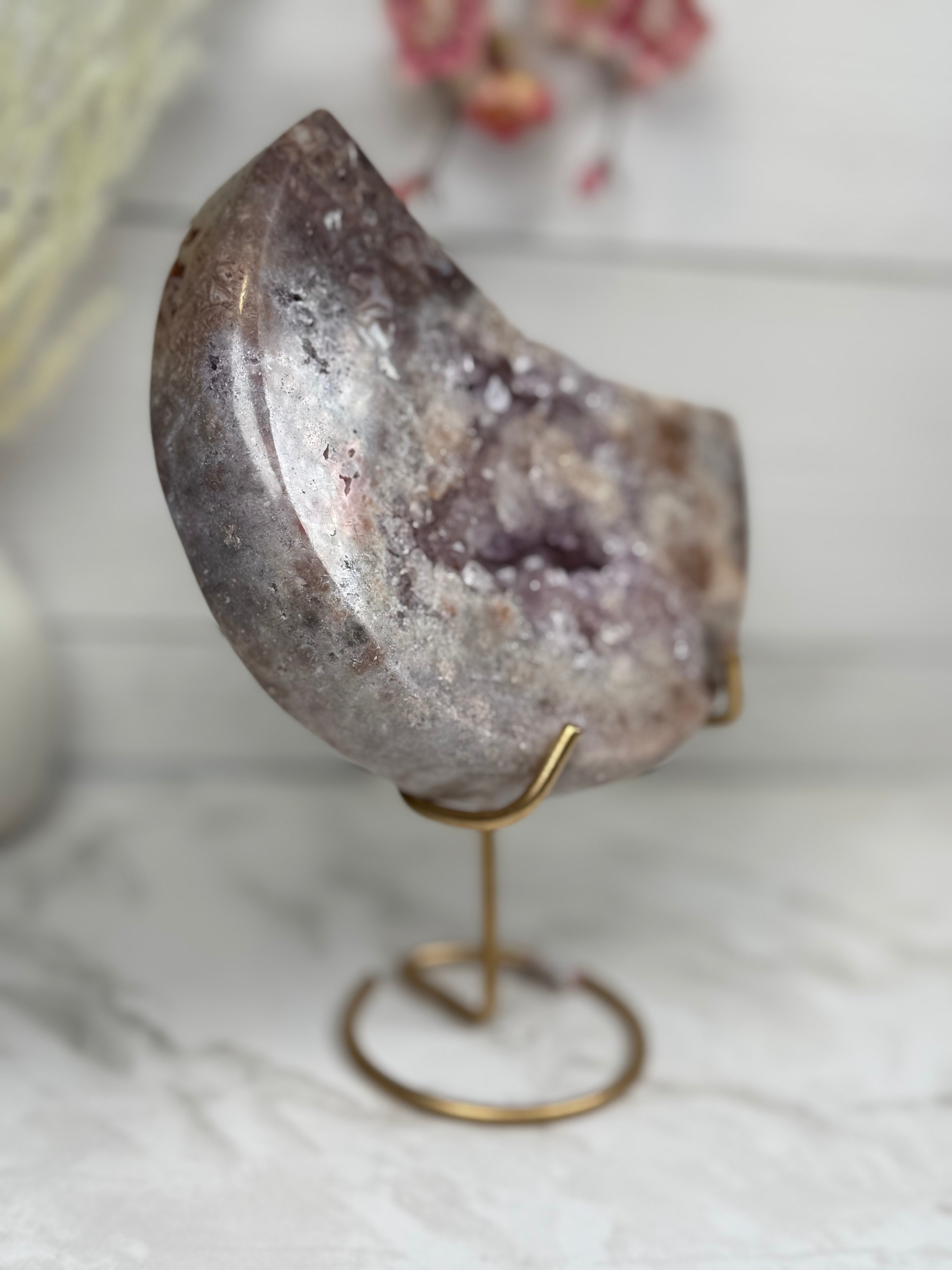 Pink Amethyst Moon on Gold Stand A10247