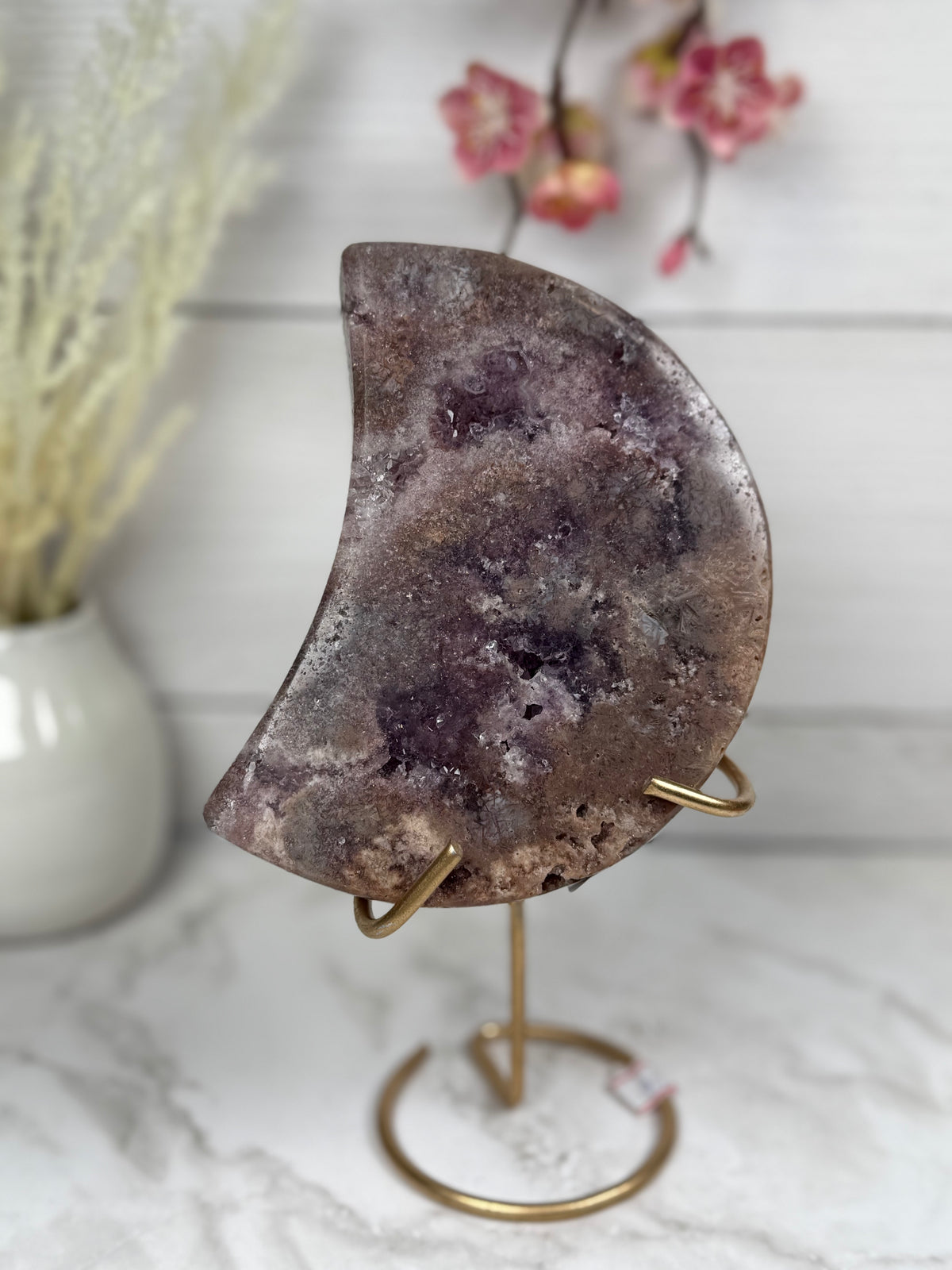 Pink Amethyst Moon on Gold Stand A1006