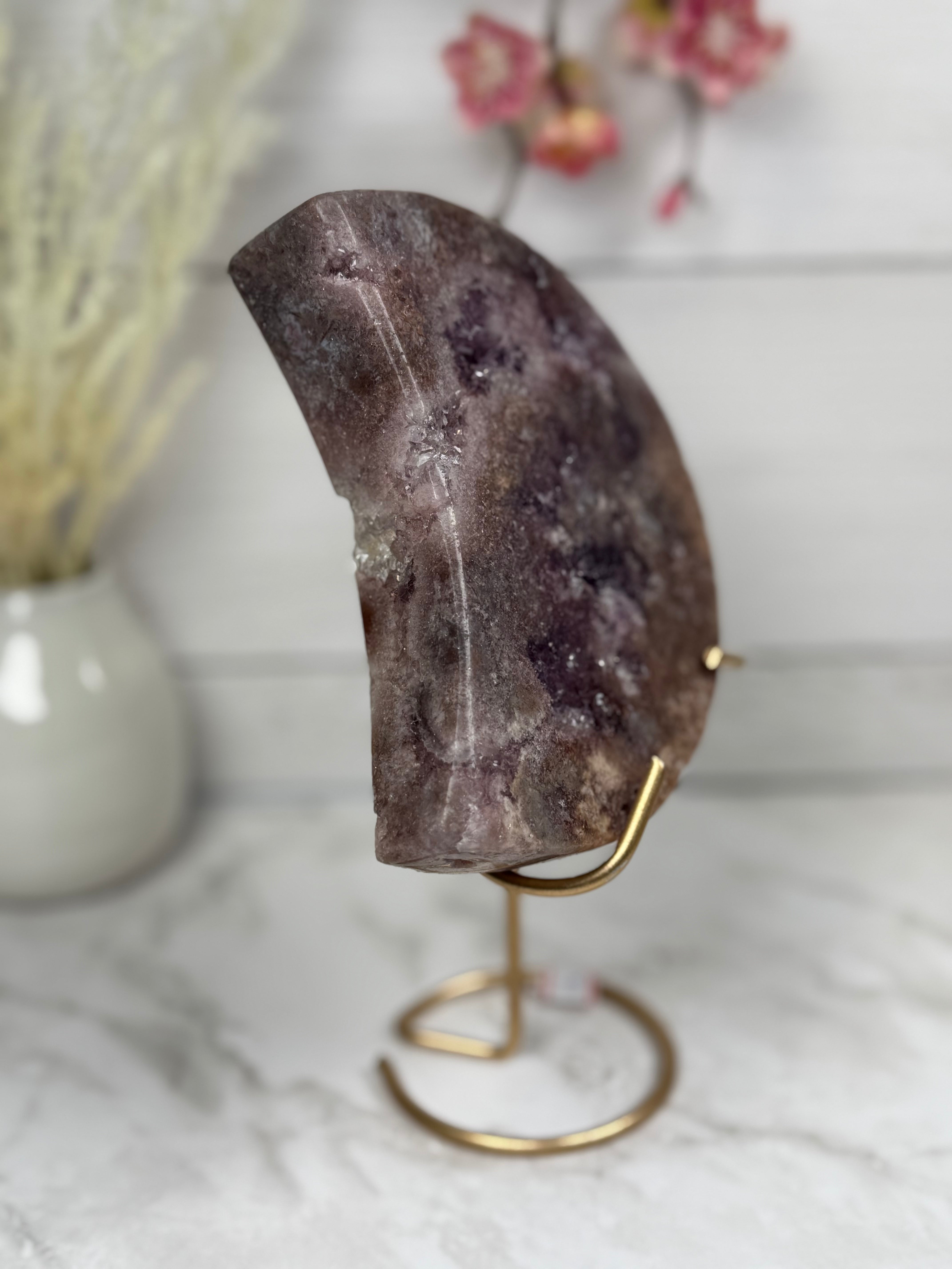 Pink Amethyst Moon on Gold Stand A1006