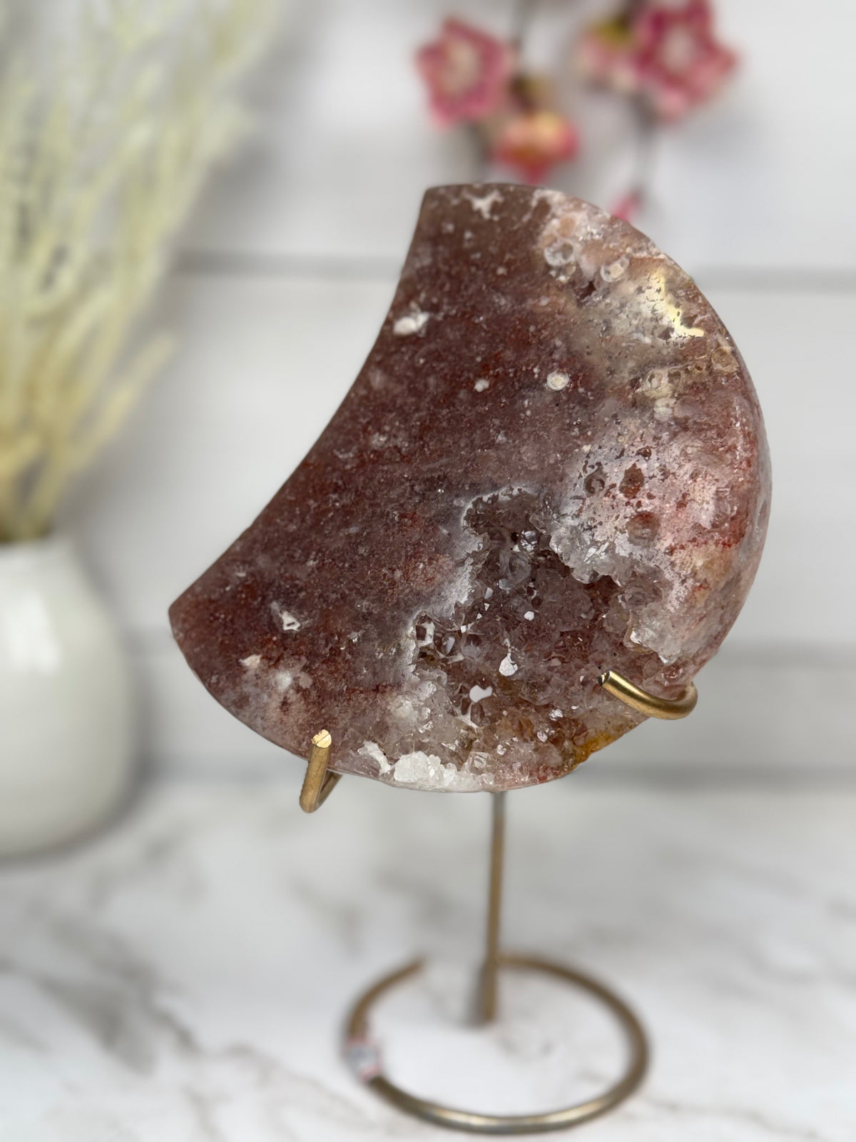 Pink Amethyst Moon on Gold Stand A10073