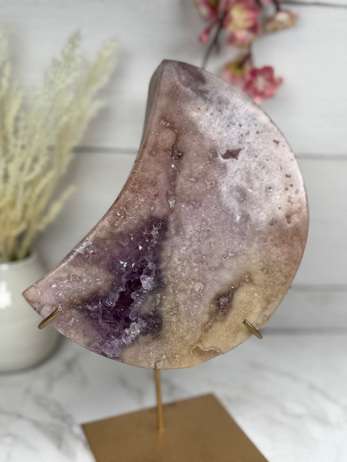 Pink Amethyst Moon on Gold Stand A1007