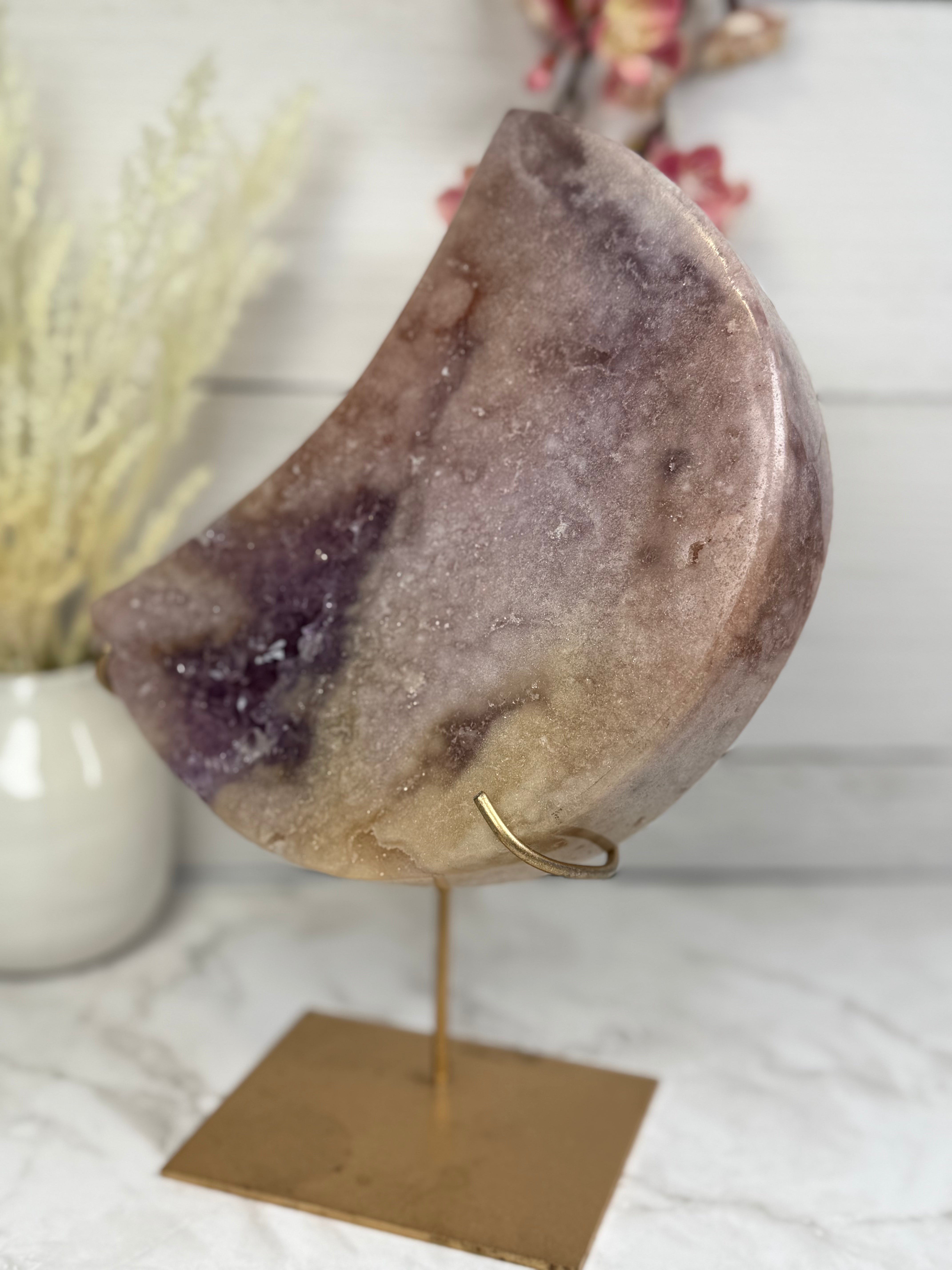 Pink Amethyst Moon on Gold Stand A1007