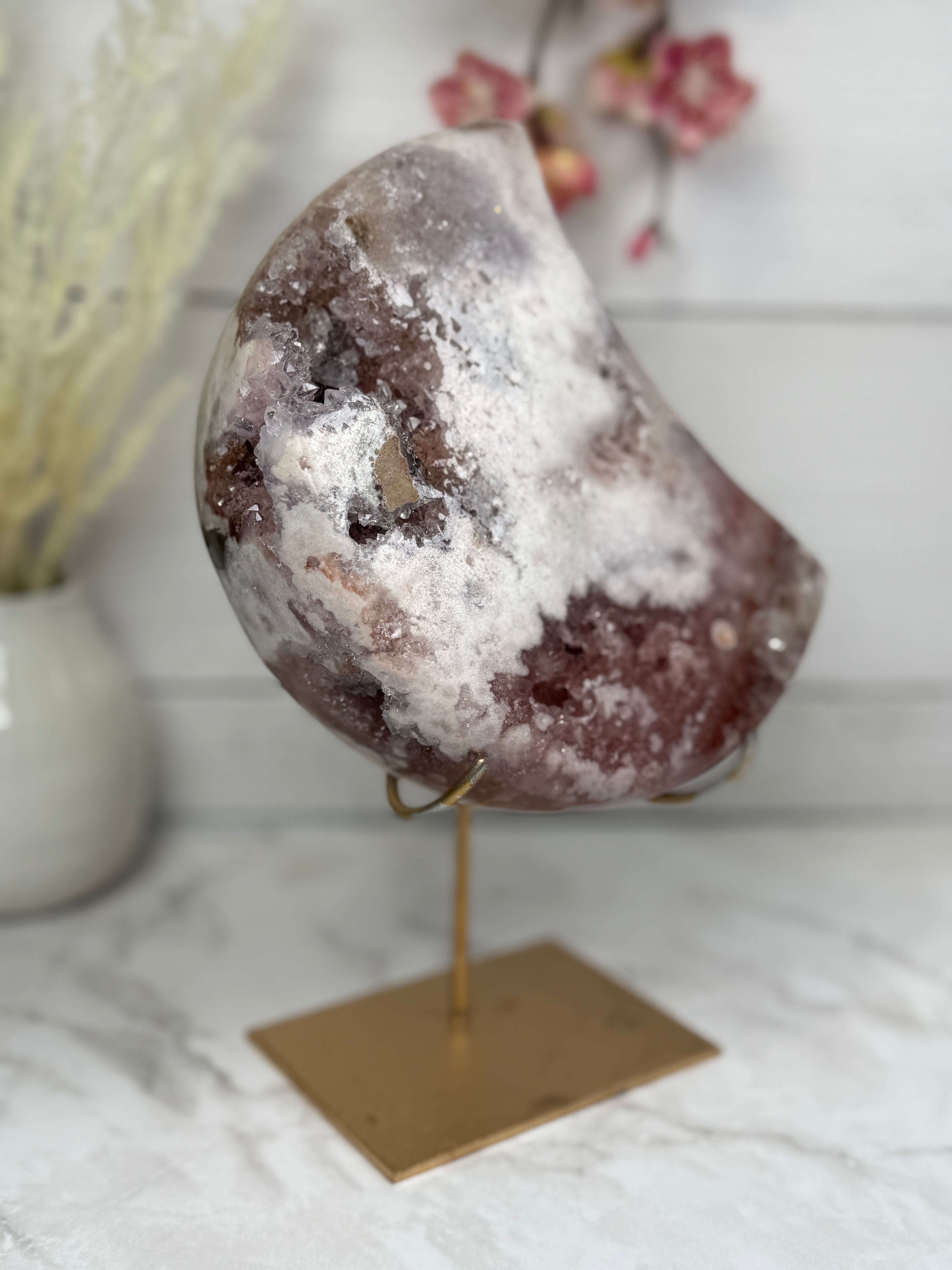 Pink Amethyst Moon on Gold Stand A1008