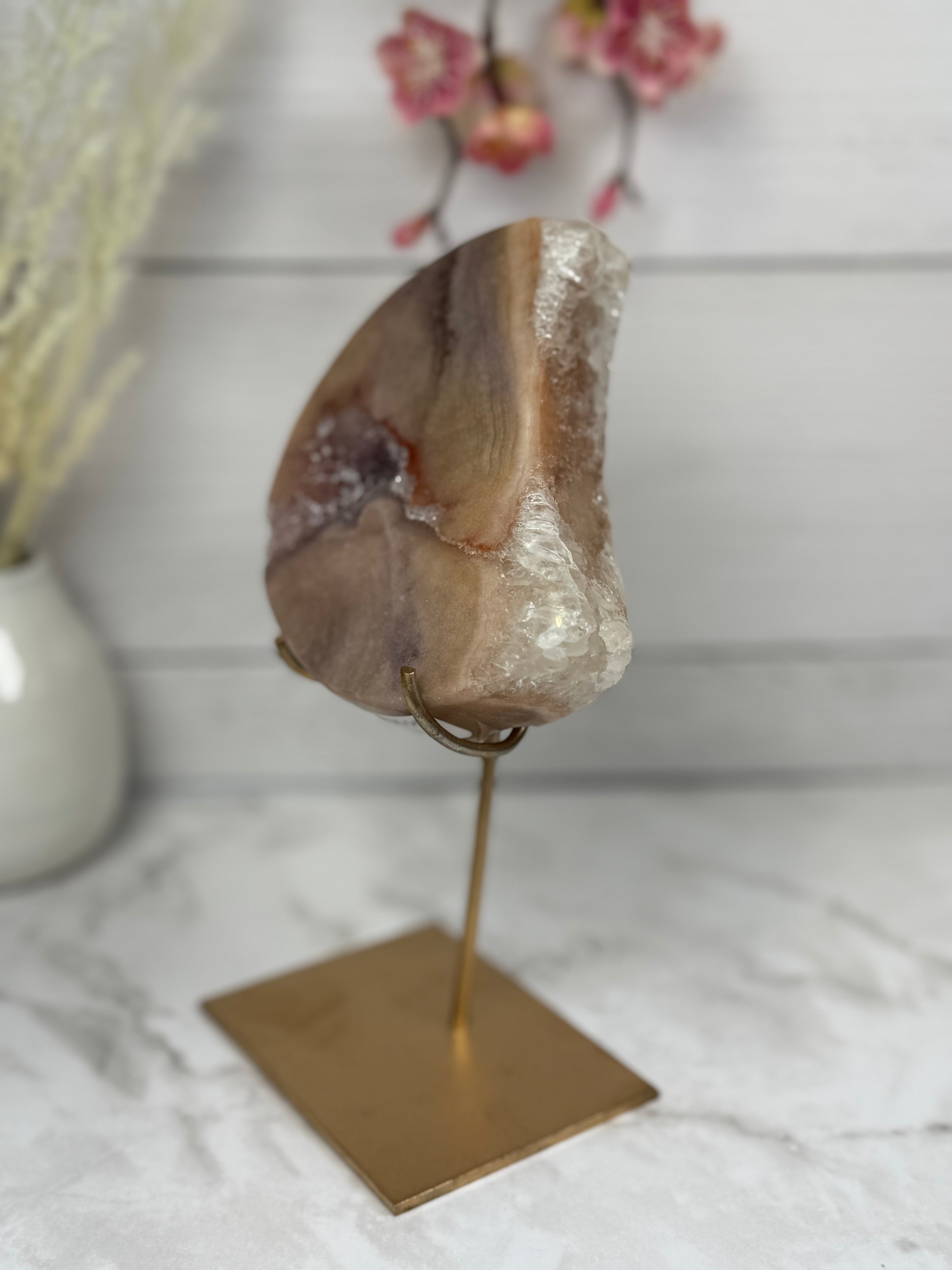 Pink Amethyst Moon on Gold Stand A10059