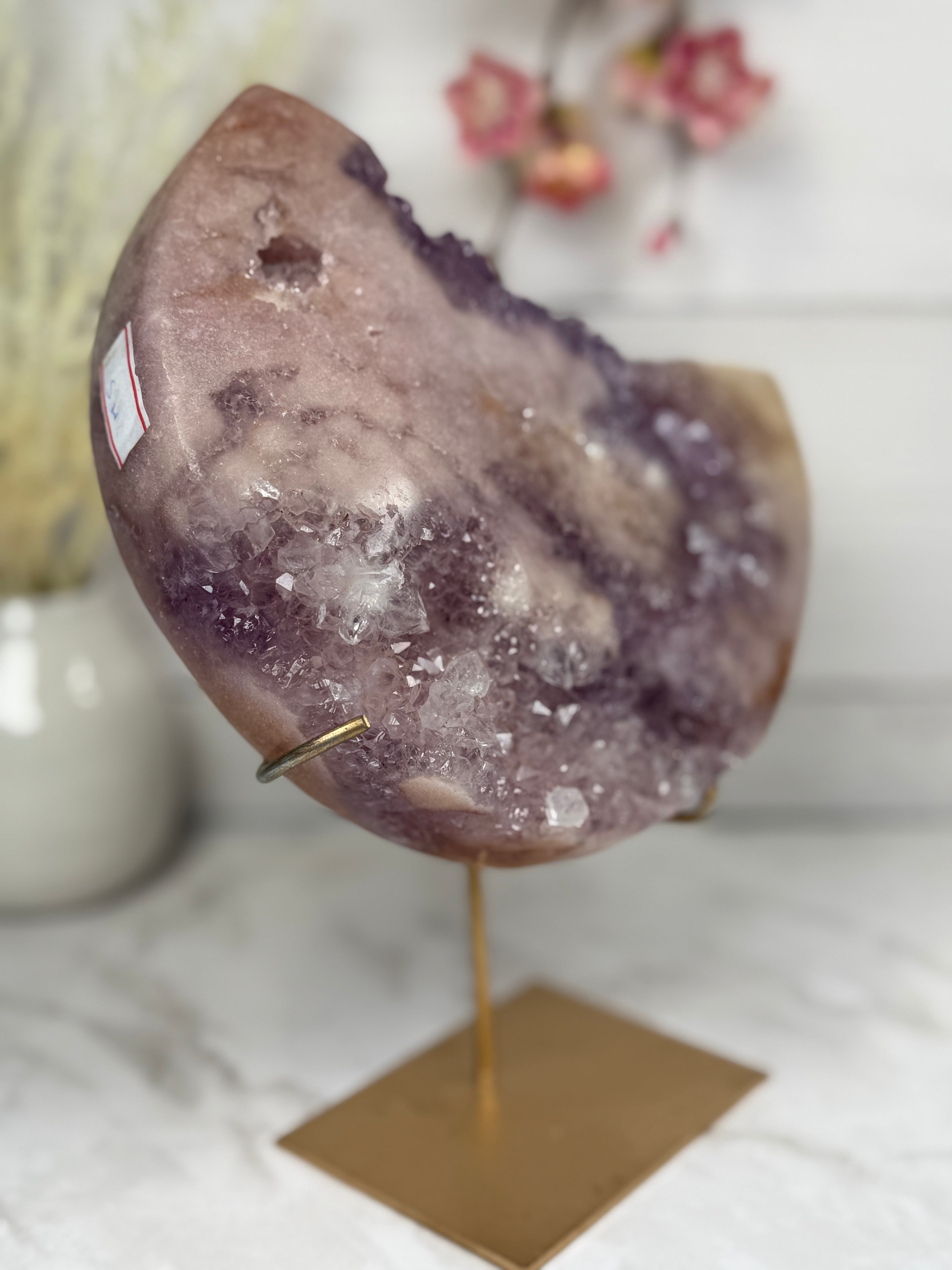 Pink Amethyst Moon on Gold Stand A10255