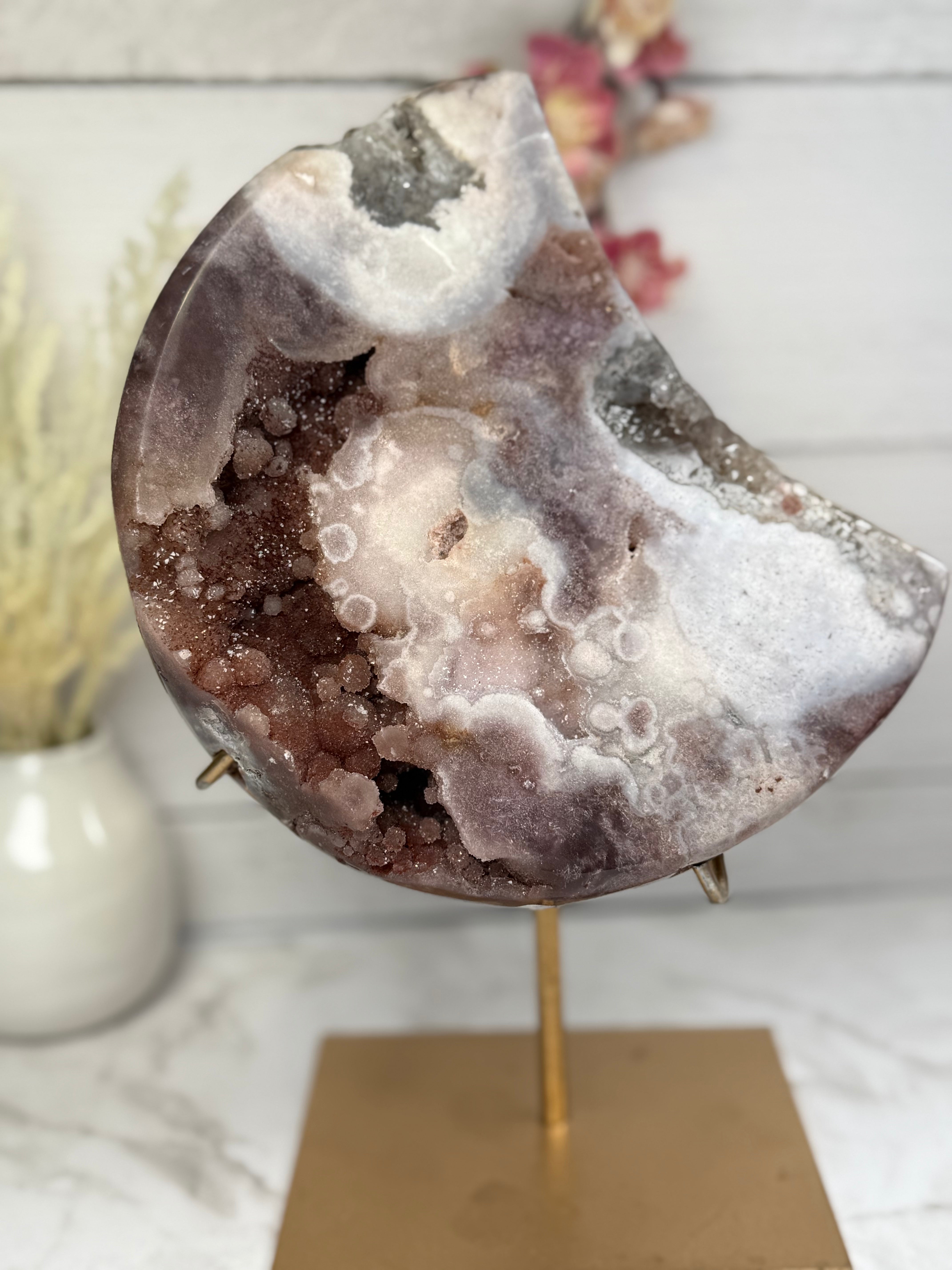 Pink Amethyst Moon on Gold Stand A1009