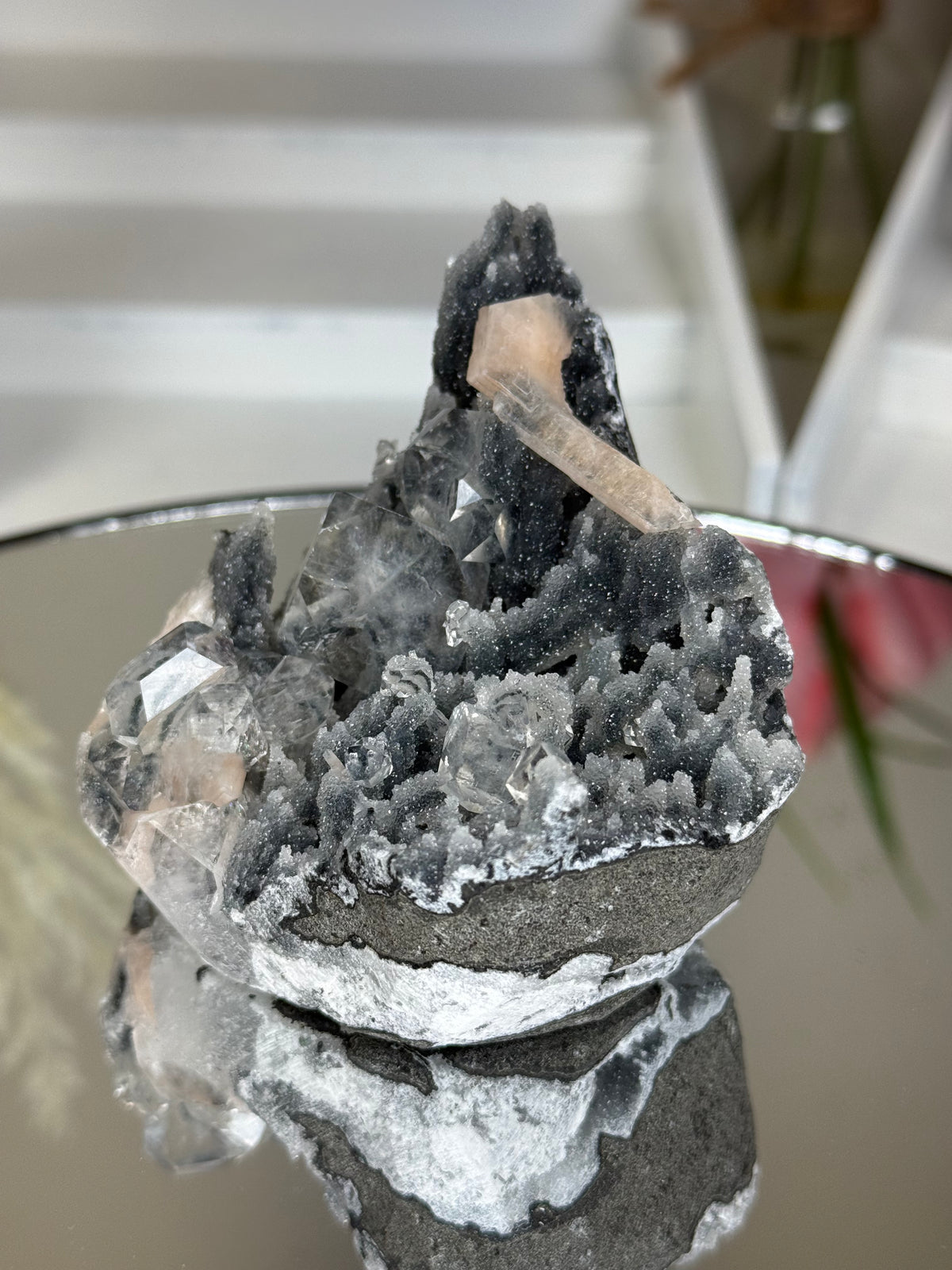 Diamond Apophyllite on Charcoal Chalcedony with Stilbite