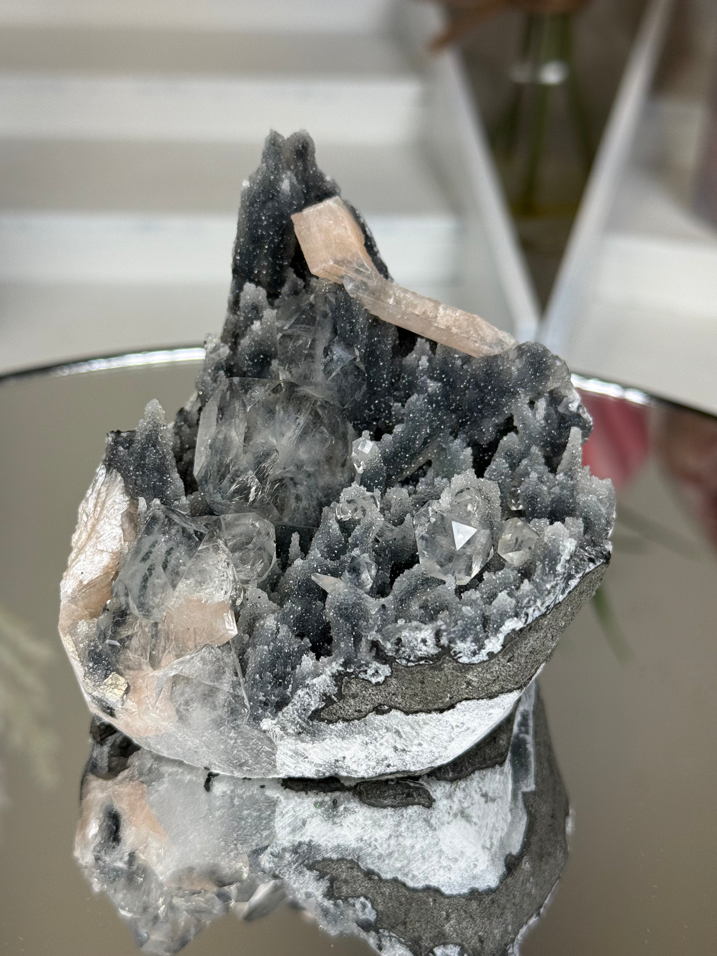 Diamond Apophyllite on Charcoal Chalcedony with Stilbite