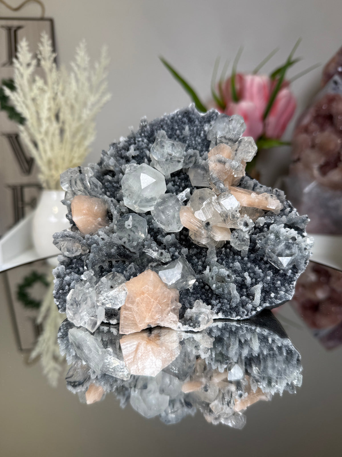 Diamond Apophyllite on Charcoal Chalcedony with Stilbite