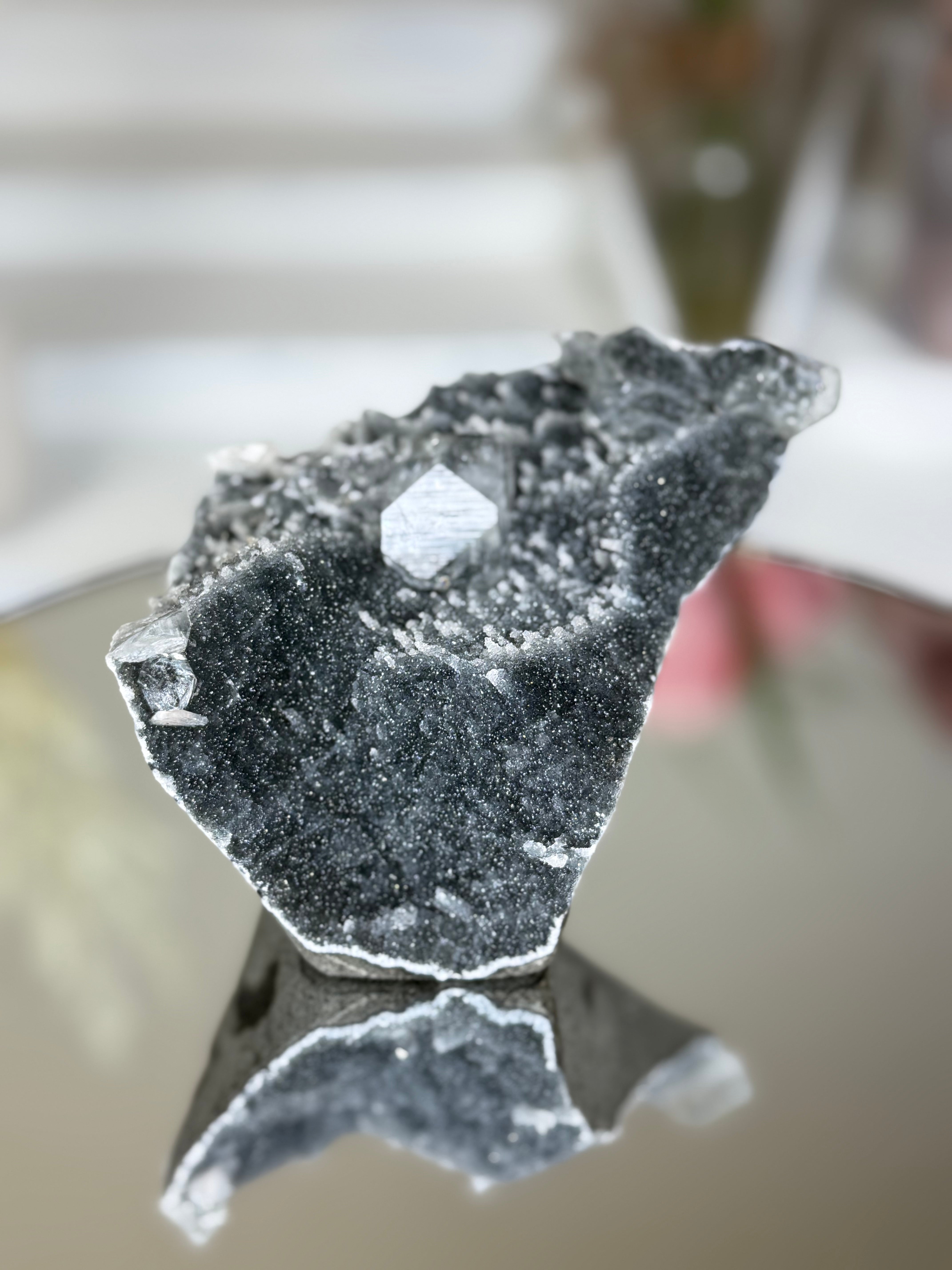 Diamond Apophyllite on Charcoal Chalcedony with Stilbite