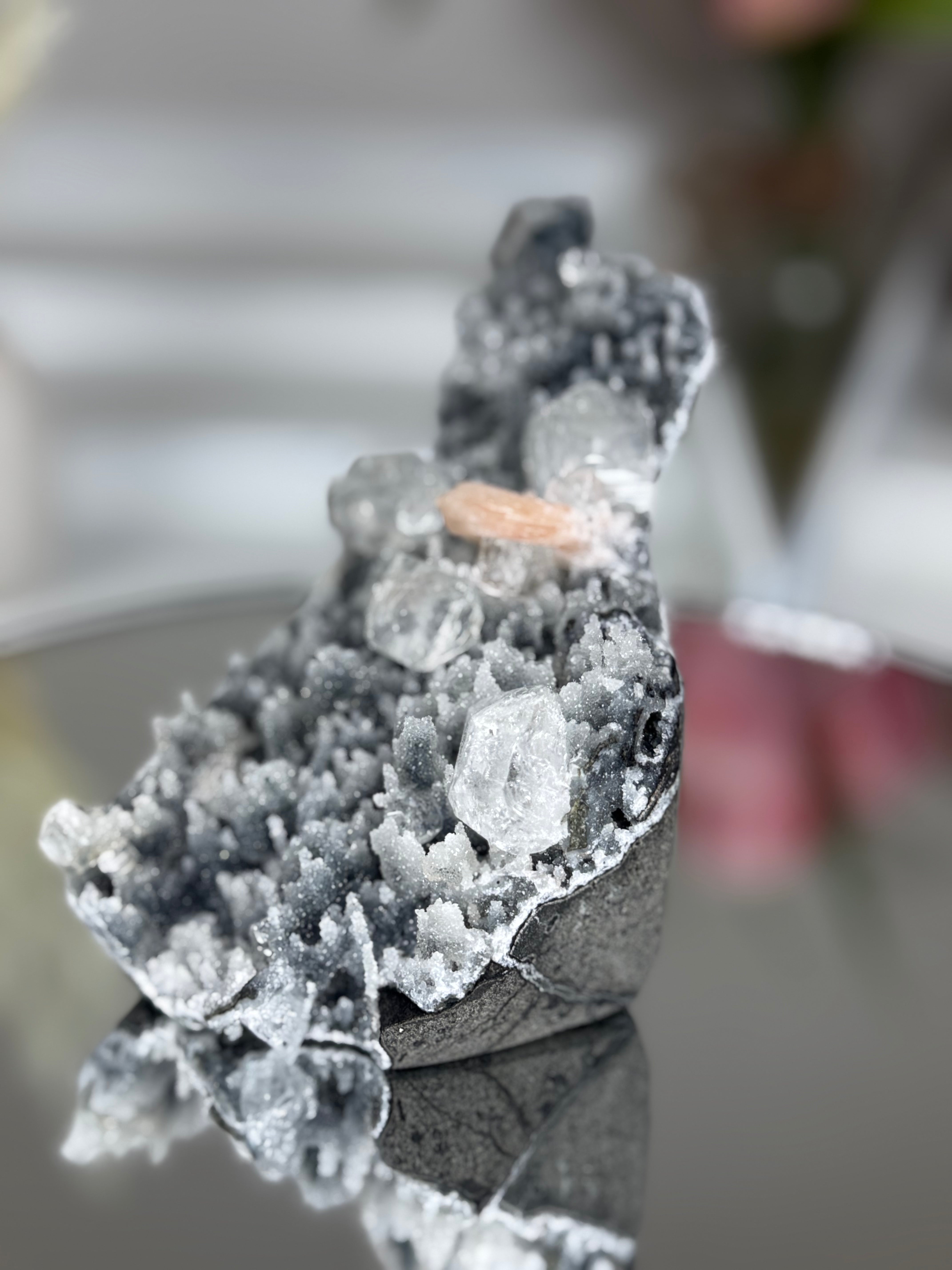 Diamond Apophyllite on Charcoal Chalcedony with Stilbite