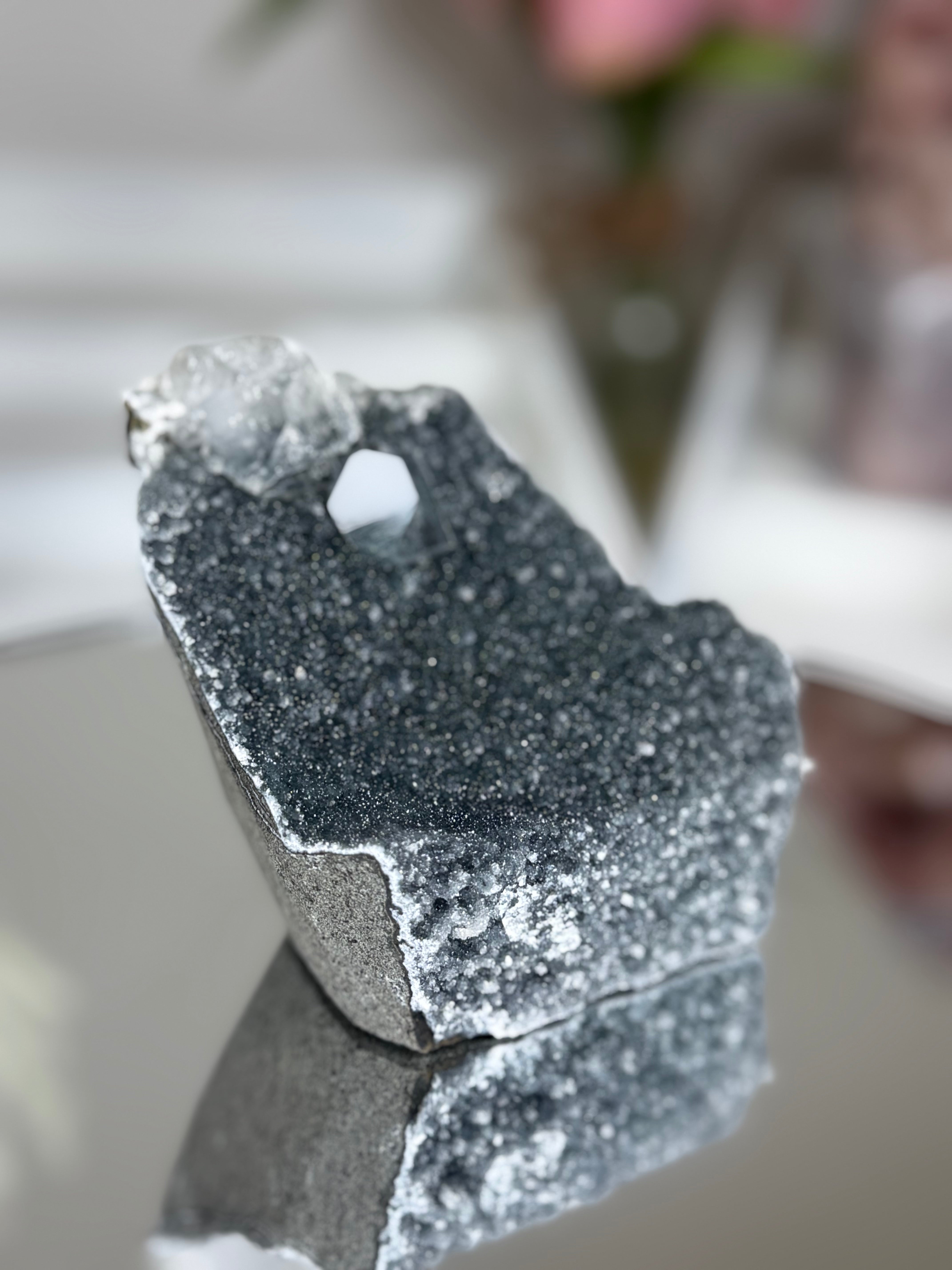 Diamond Apophyllite on Charcoal Chalcedony