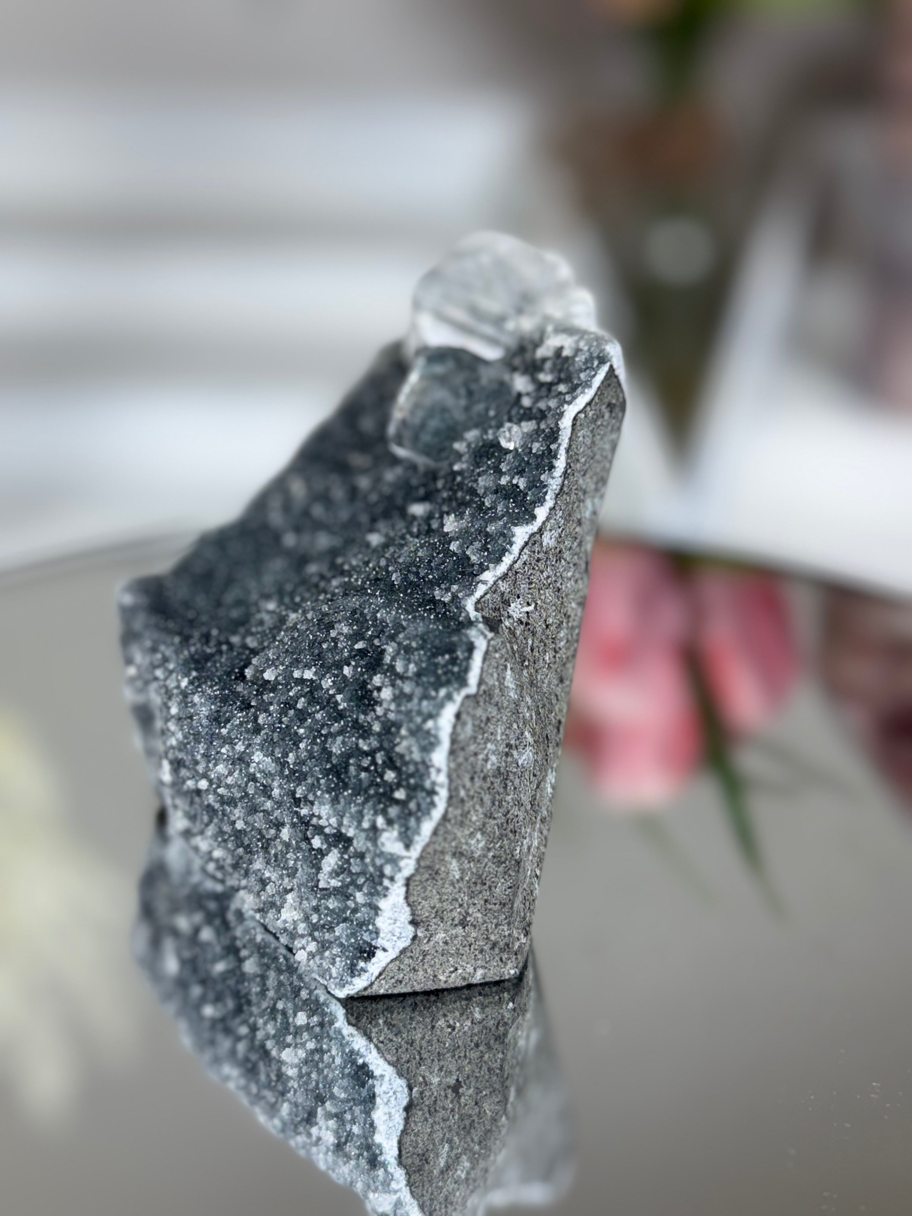 Diamond Apophyllite on Charcoal Chalcedony