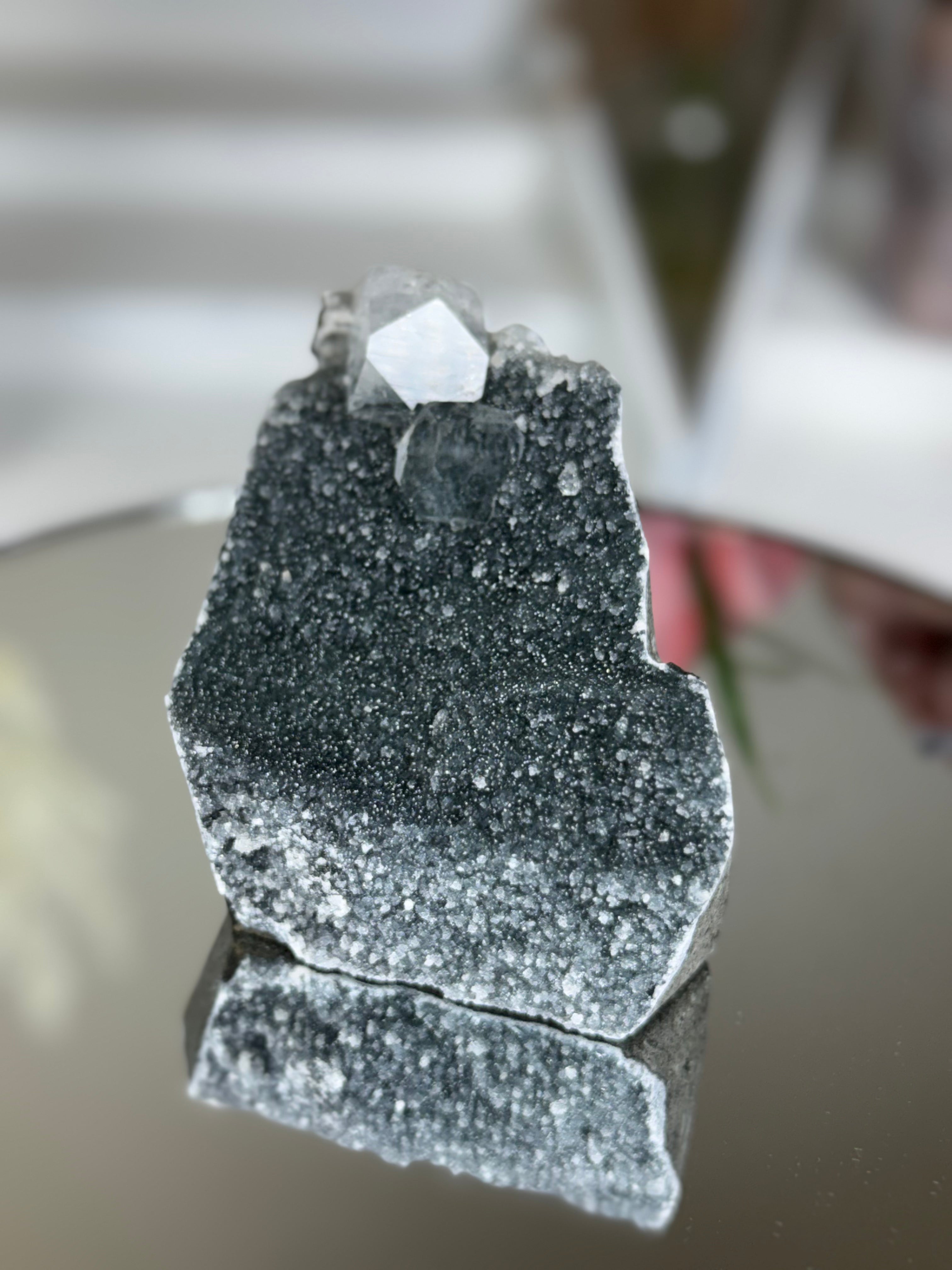 Diamond Apophyllite on Charcoal Chalcedony