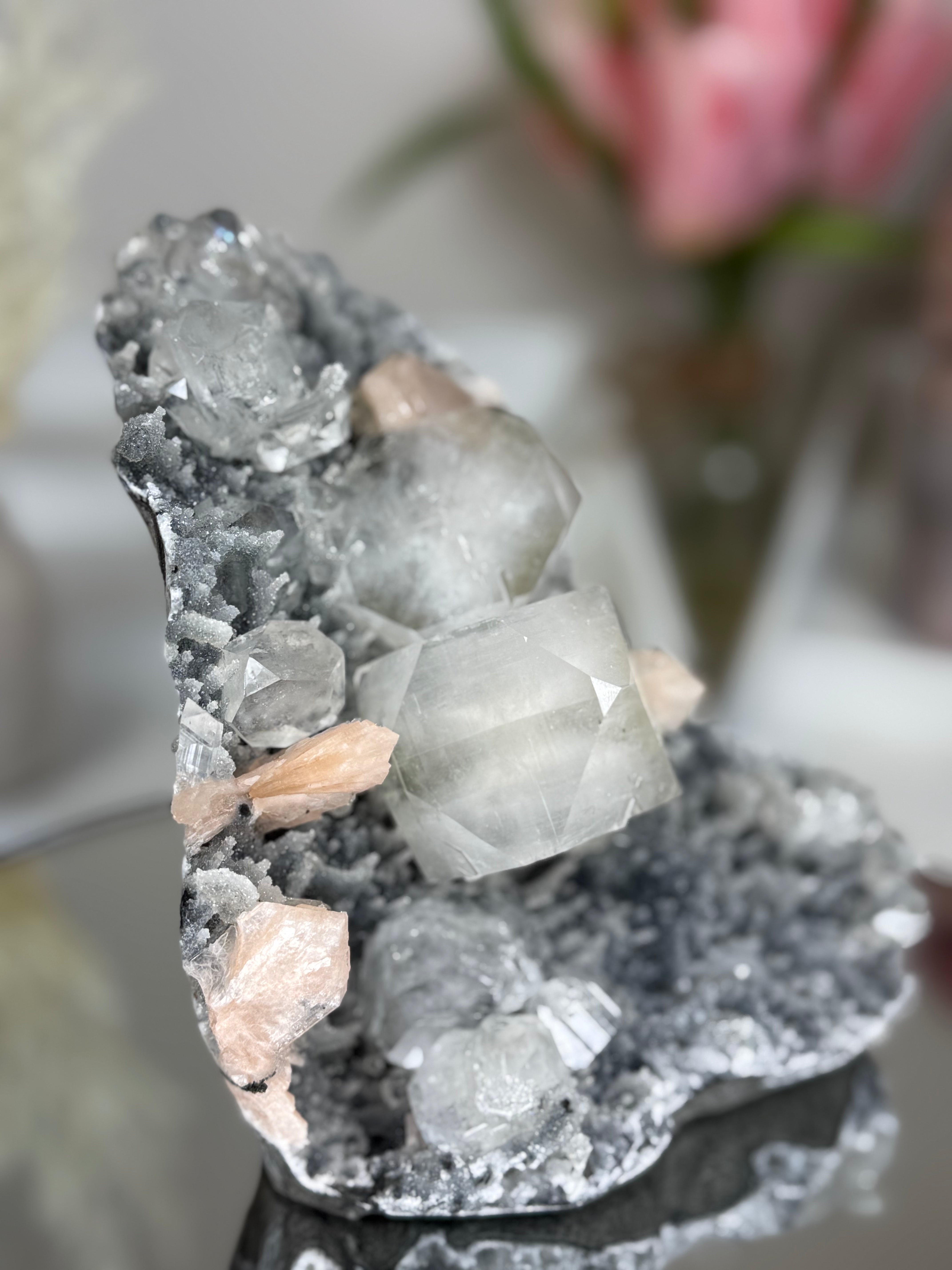 Diamond Apophyllite on Charcoal Chalcedony with Stilbite