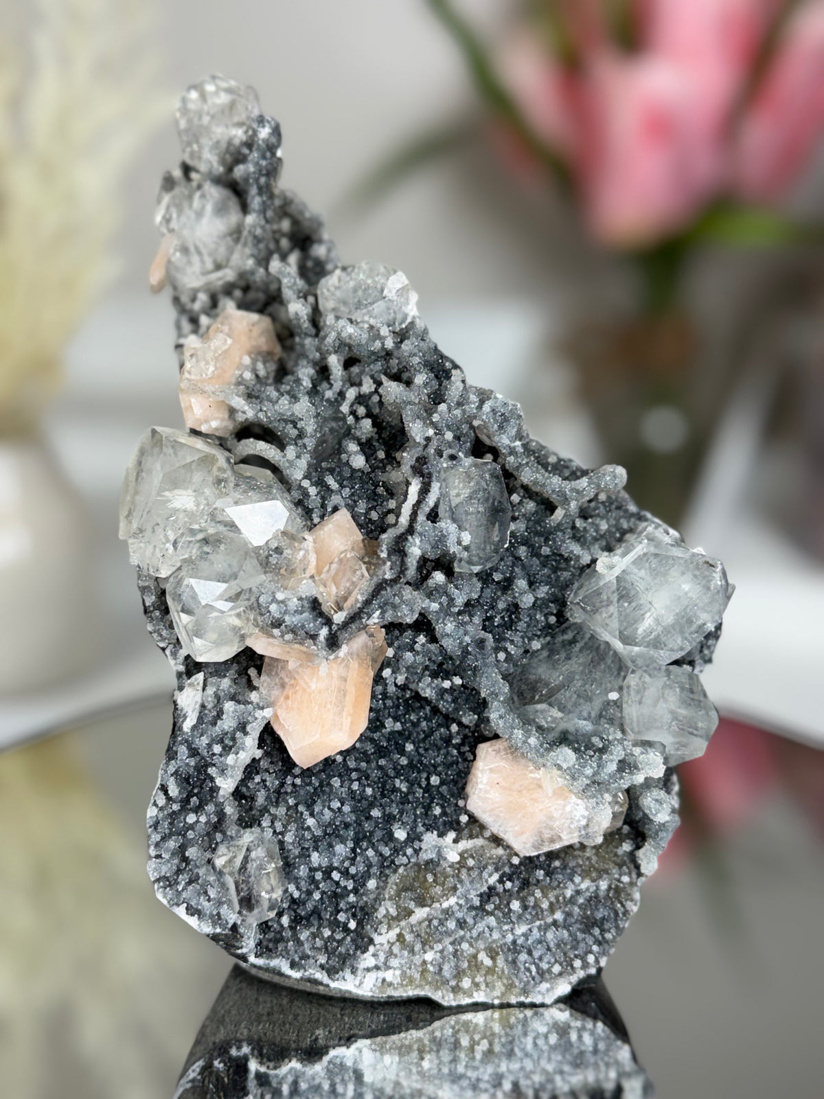 Diamond Apophyllite on Charcoal Chalcedony with Stilbite