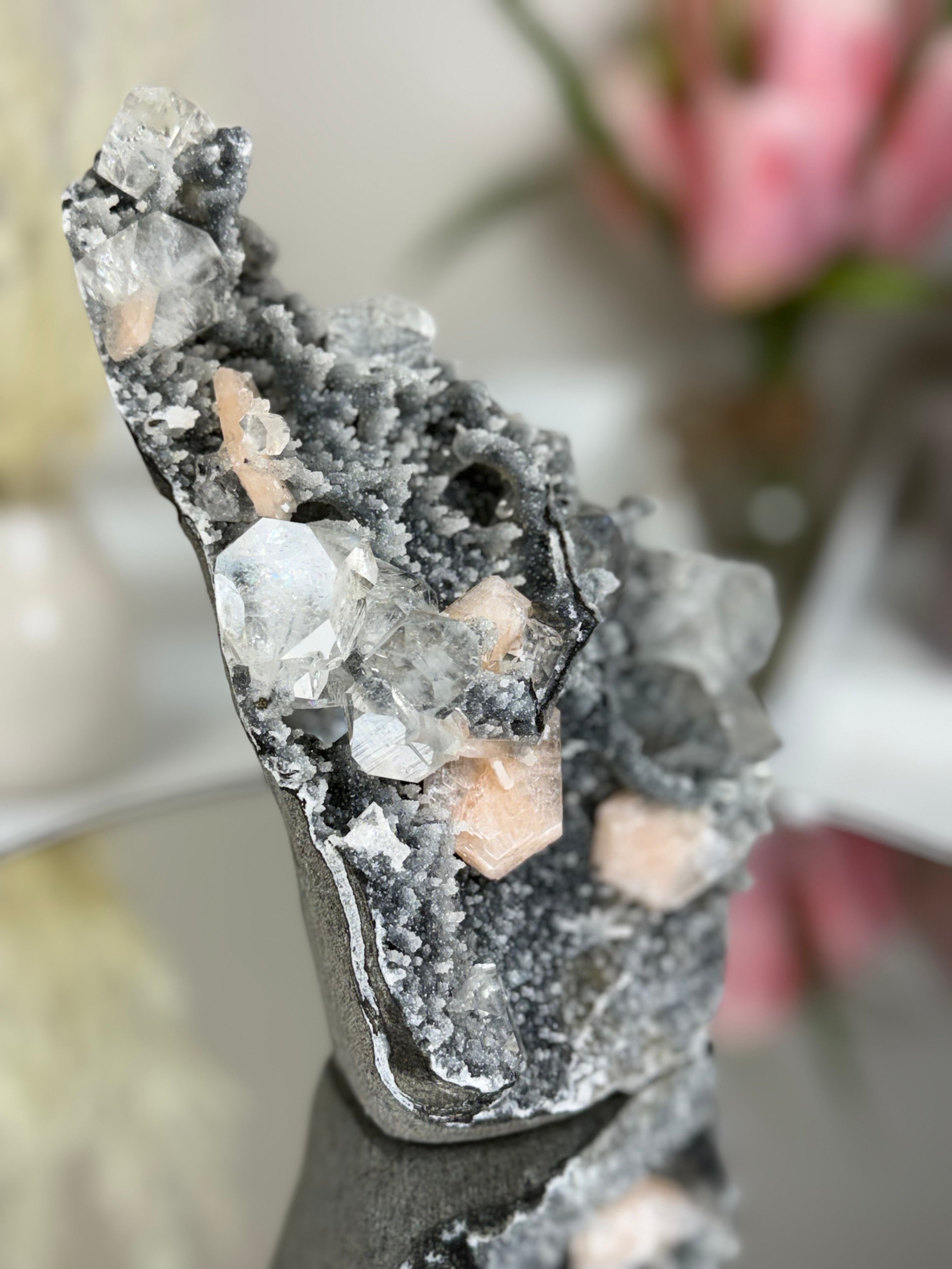 Diamond Apophyllite on Charcoal Chalcedony with Stilbite
