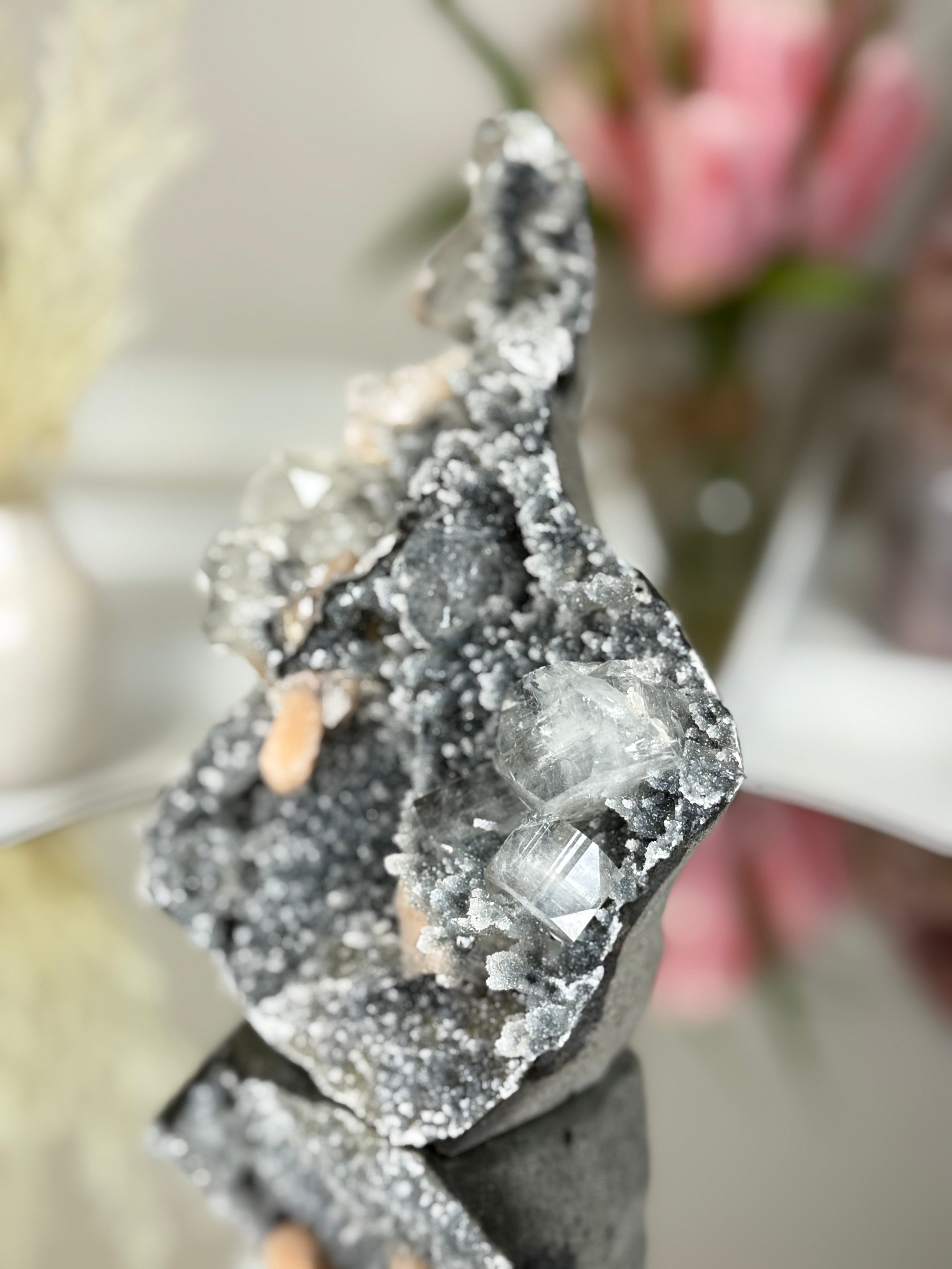 Diamond Apophyllite on Charcoal Chalcedony with Stilbite