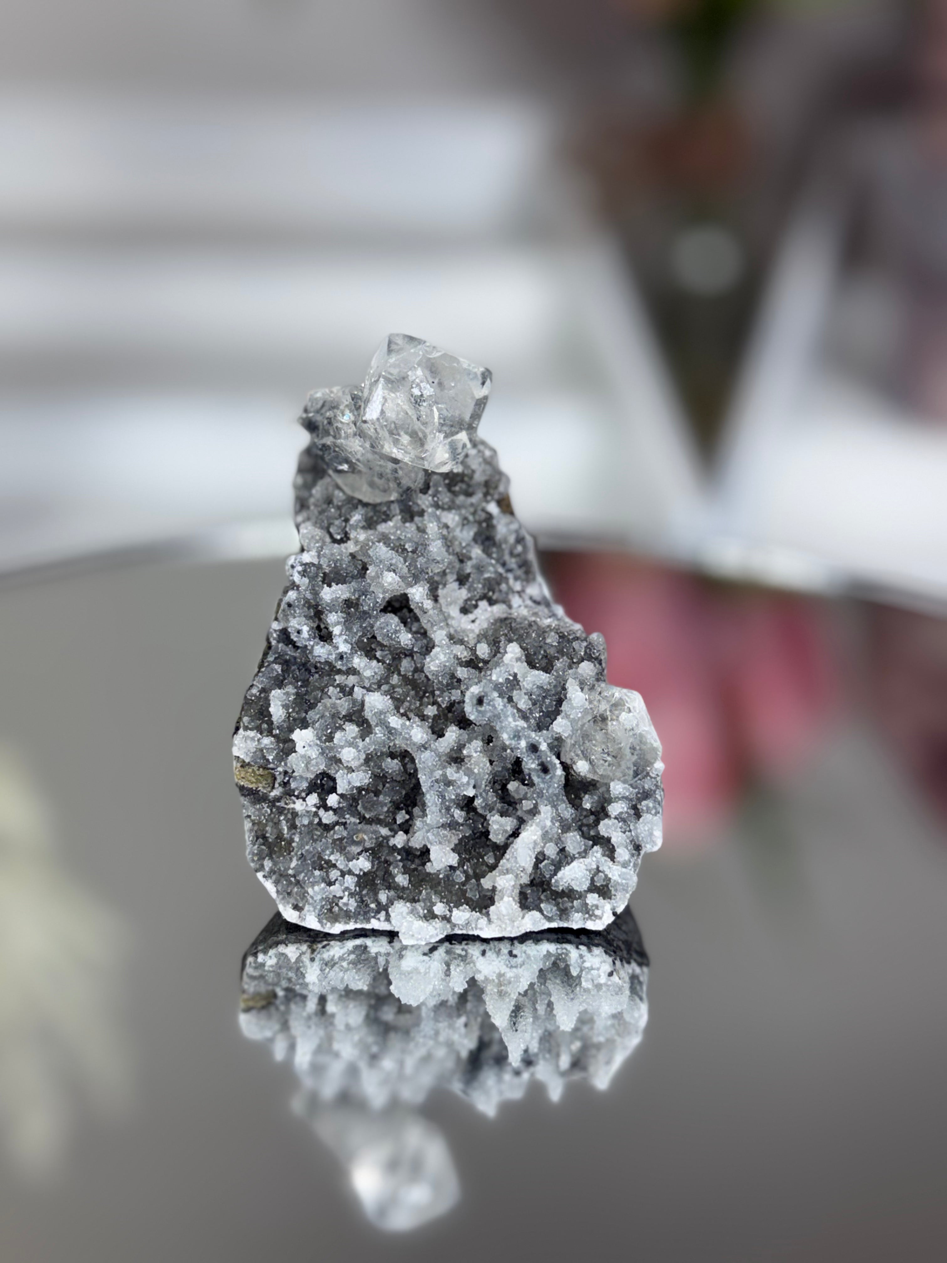 Diamond Apophyllite on Charcoal Chalcedony