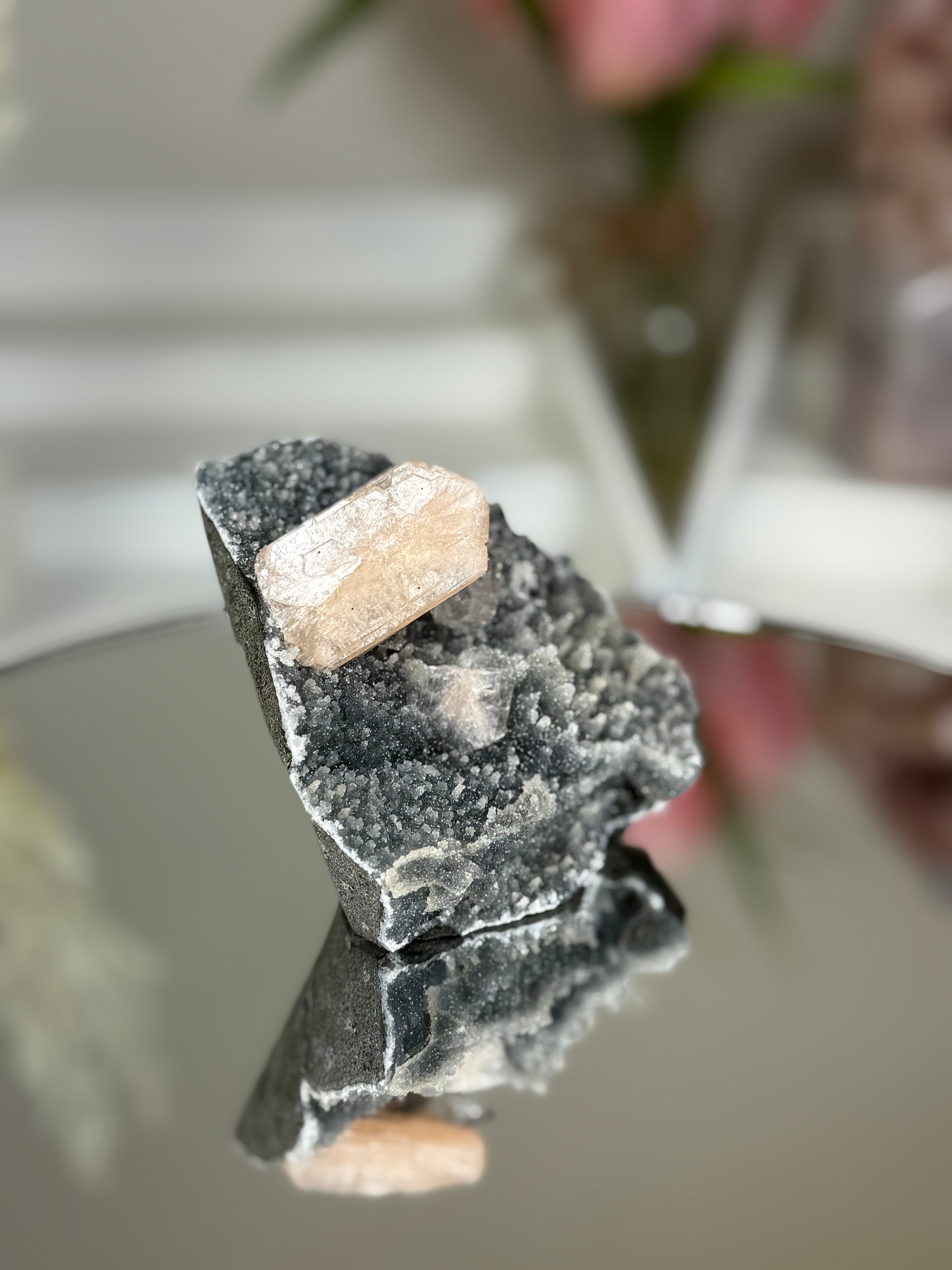 Diamond Apophyllite on Charcoal Chalcedony with Stilbite