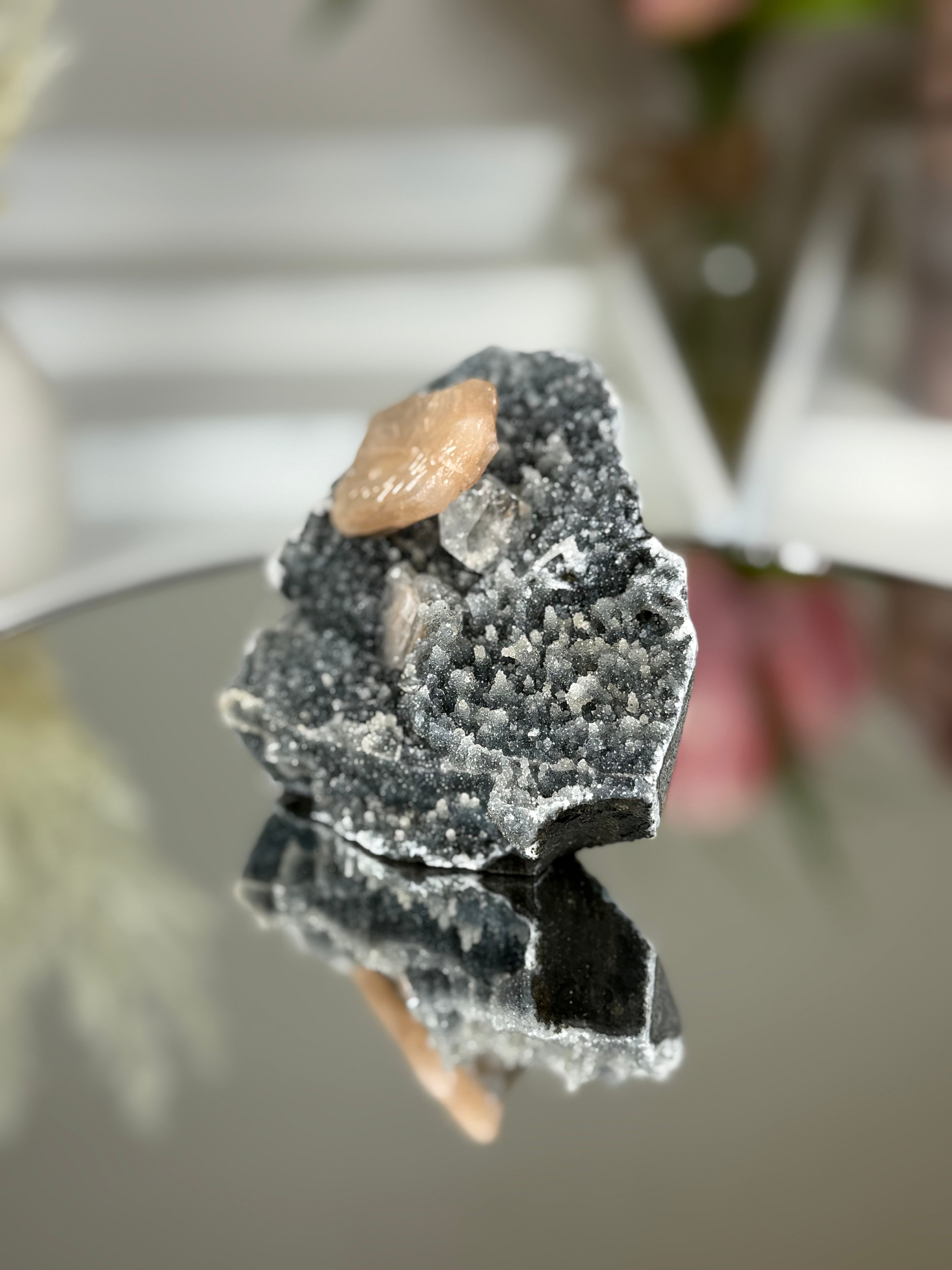 Diamond Apophyllite on Charcoal Chalcedony with Stilbite